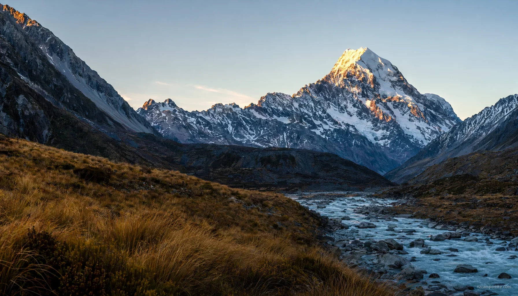 Aoraki Mount Cook seen from the Hooker Valley track at golden hour