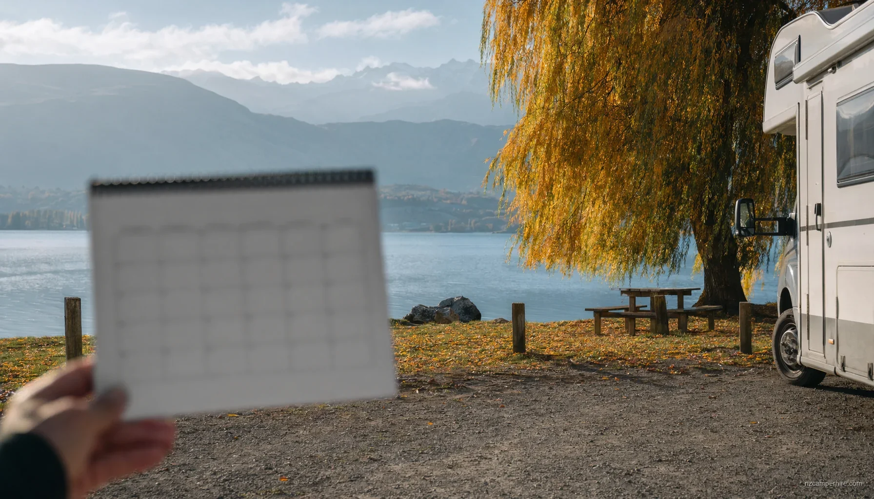 Seasonal NZ landscape with motorhome in the foreground