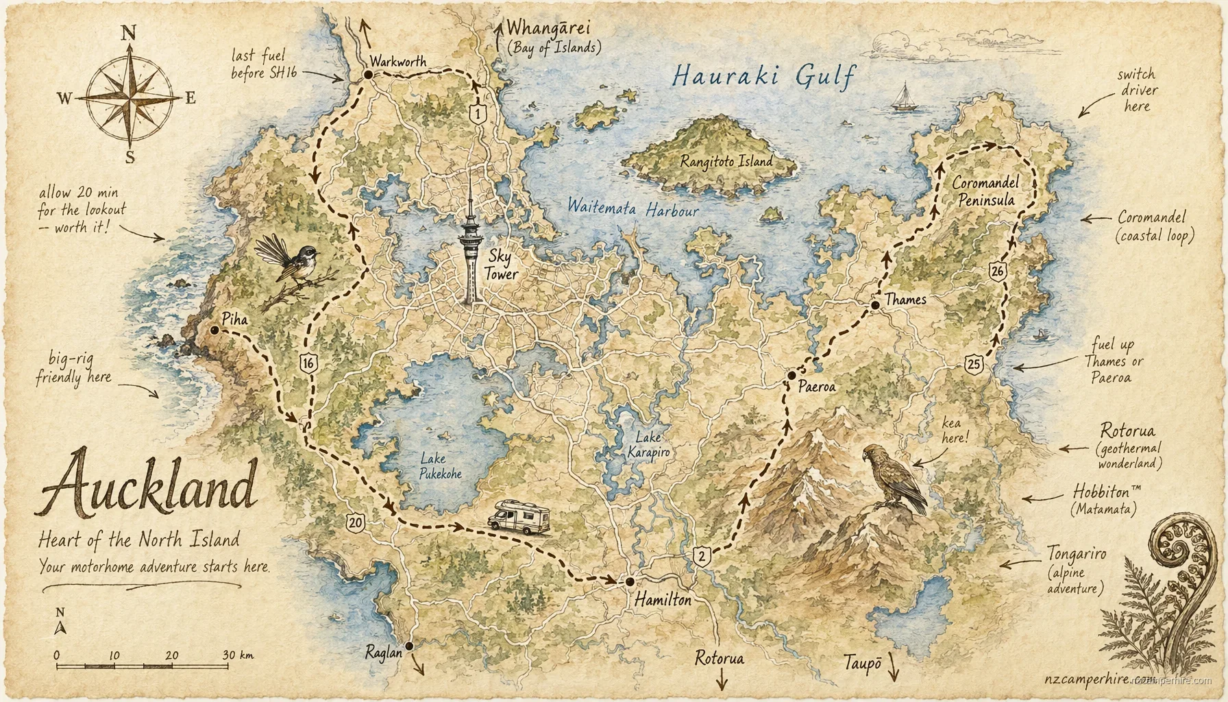 Hand-drawn map of Auckland on North Island, NZ
