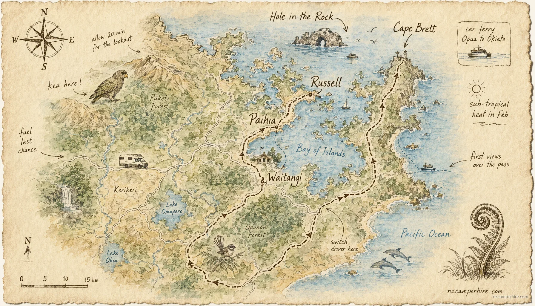 Hand-drawn map of Bay of Islands on North Island, NZ