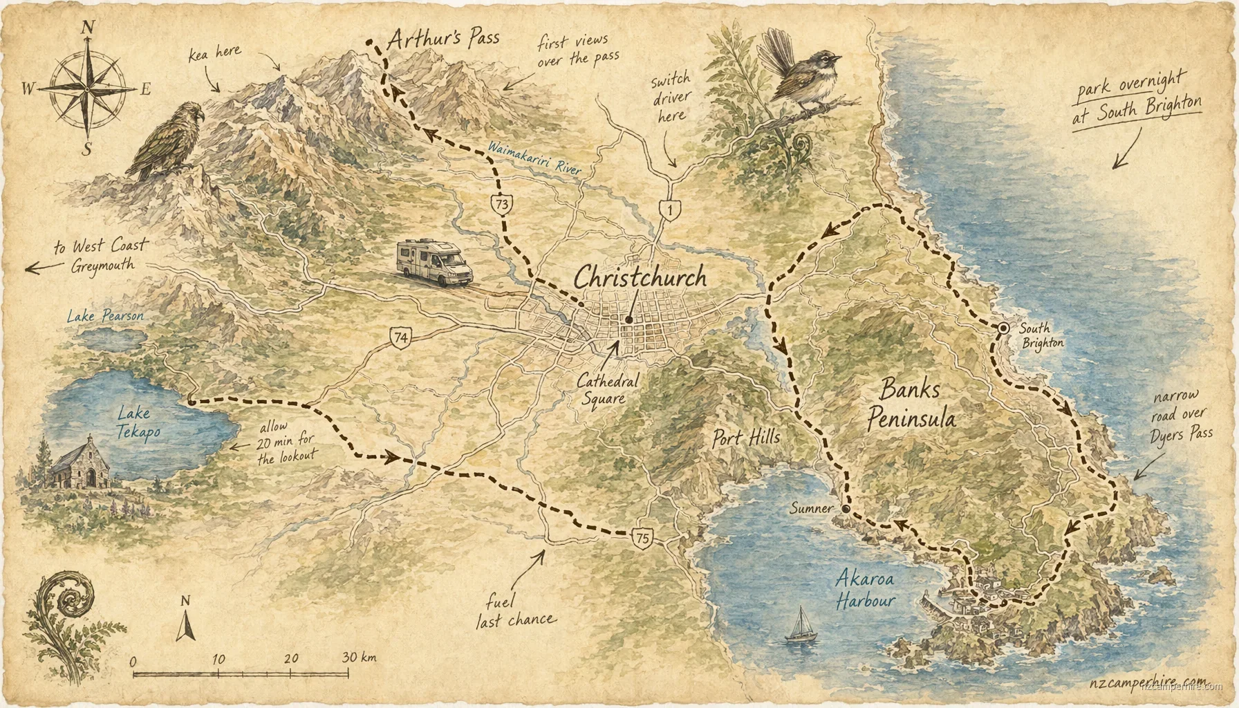 Hand-drawn map of Christchurch on South Island, NZ
