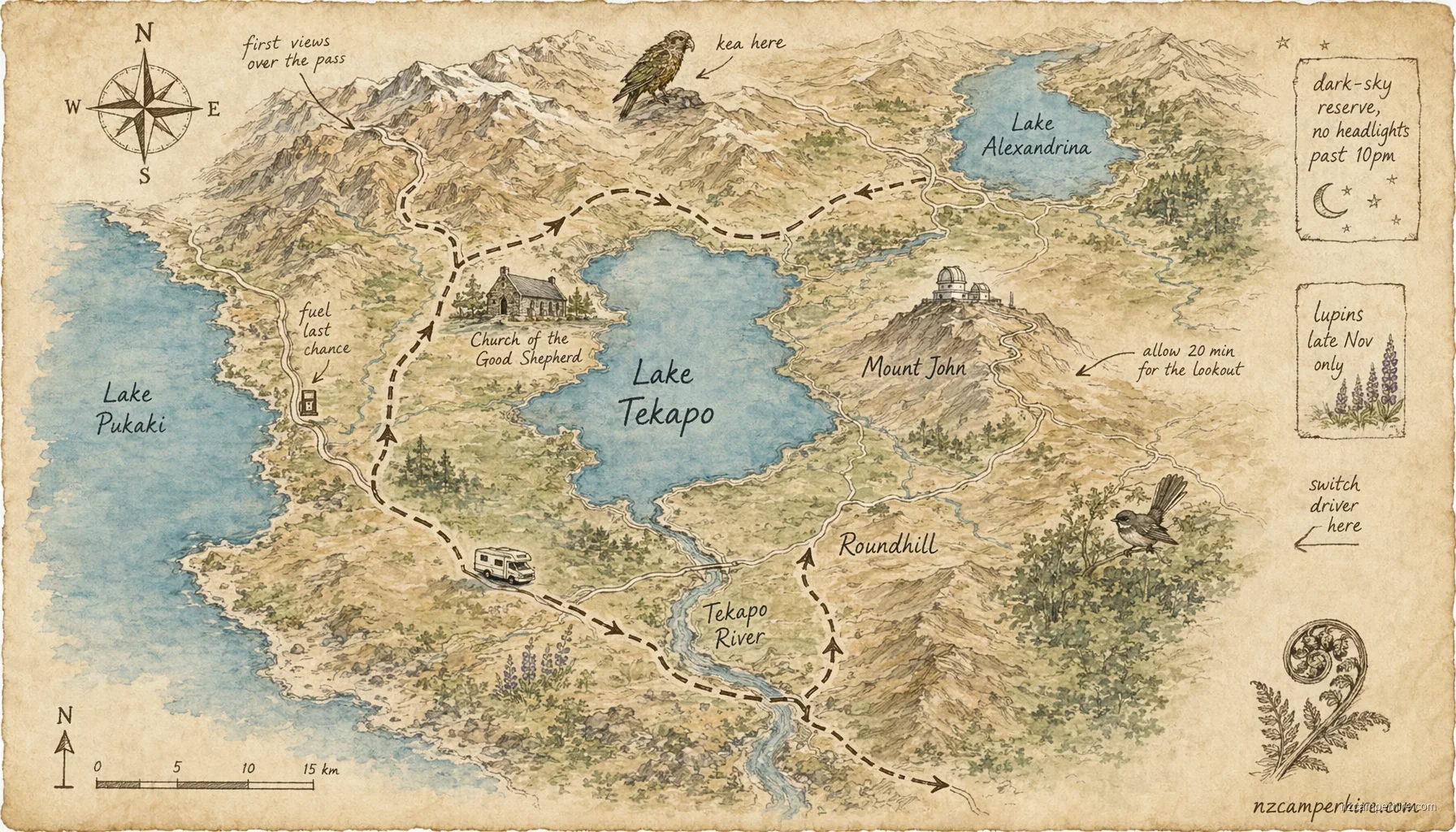 Hand-drawn map of Lake Tekapo on South Island, NZ