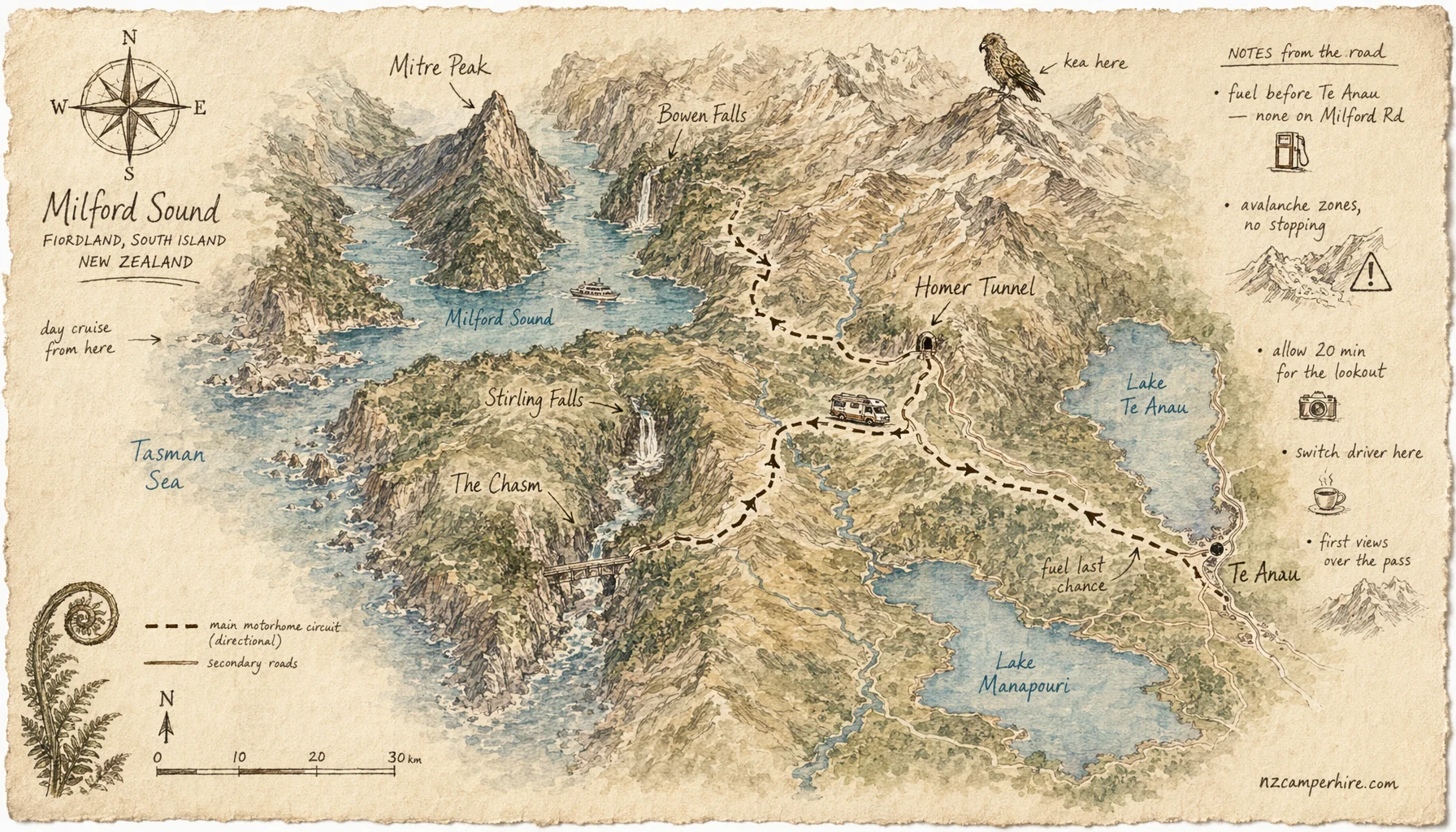 Hand-drawn map of Milford Sound on South Island, NZ