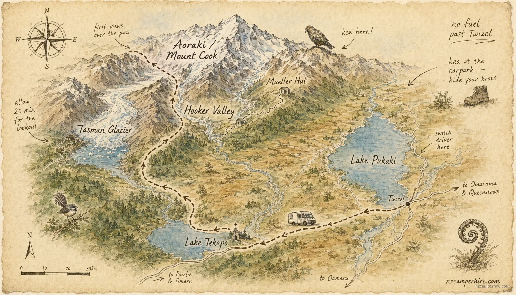 Hand-drawn map of Mount Cook / Aoraki on South Island, NZ