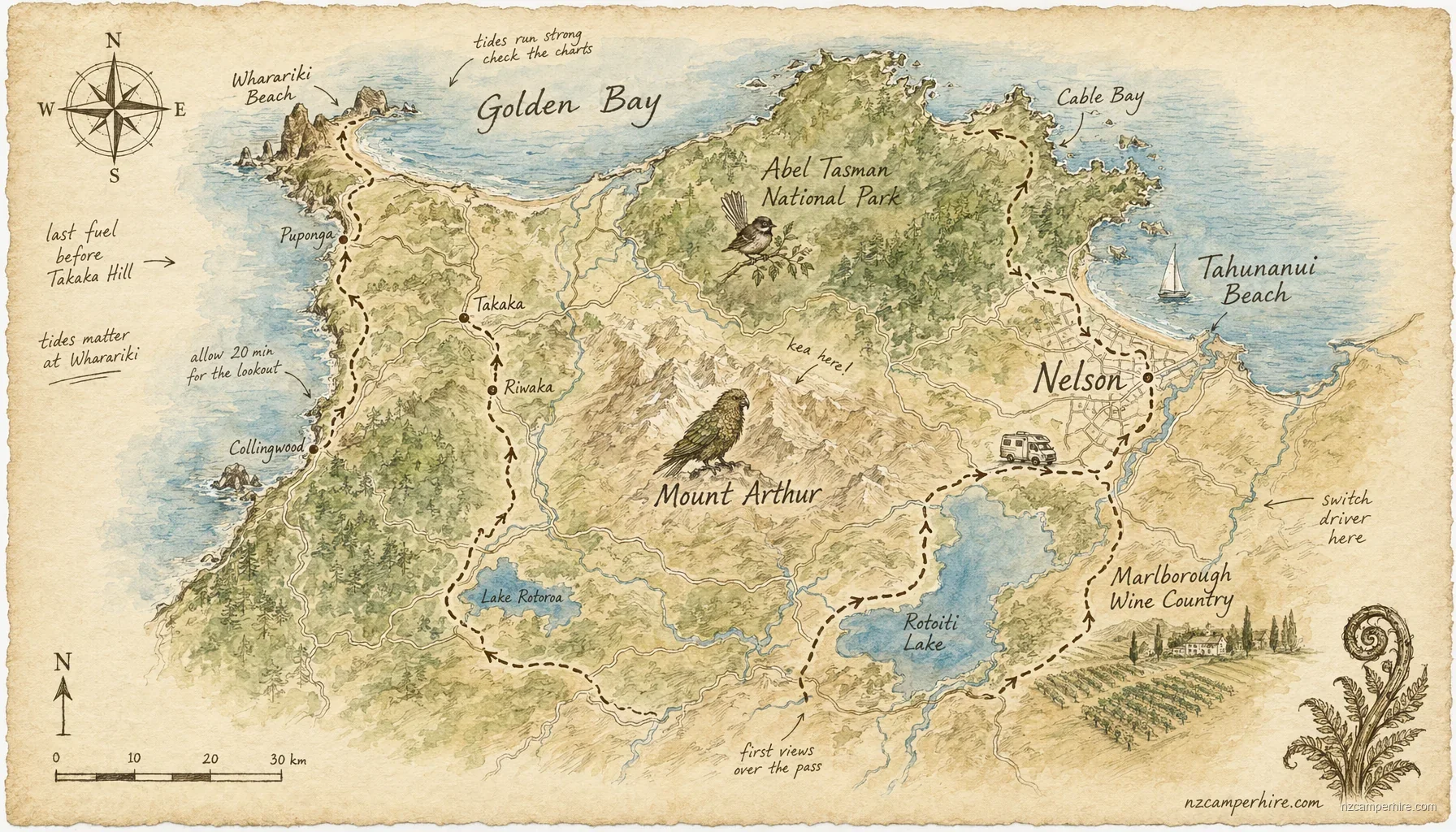 Hand-drawn map of Nelson on South Island, NZ