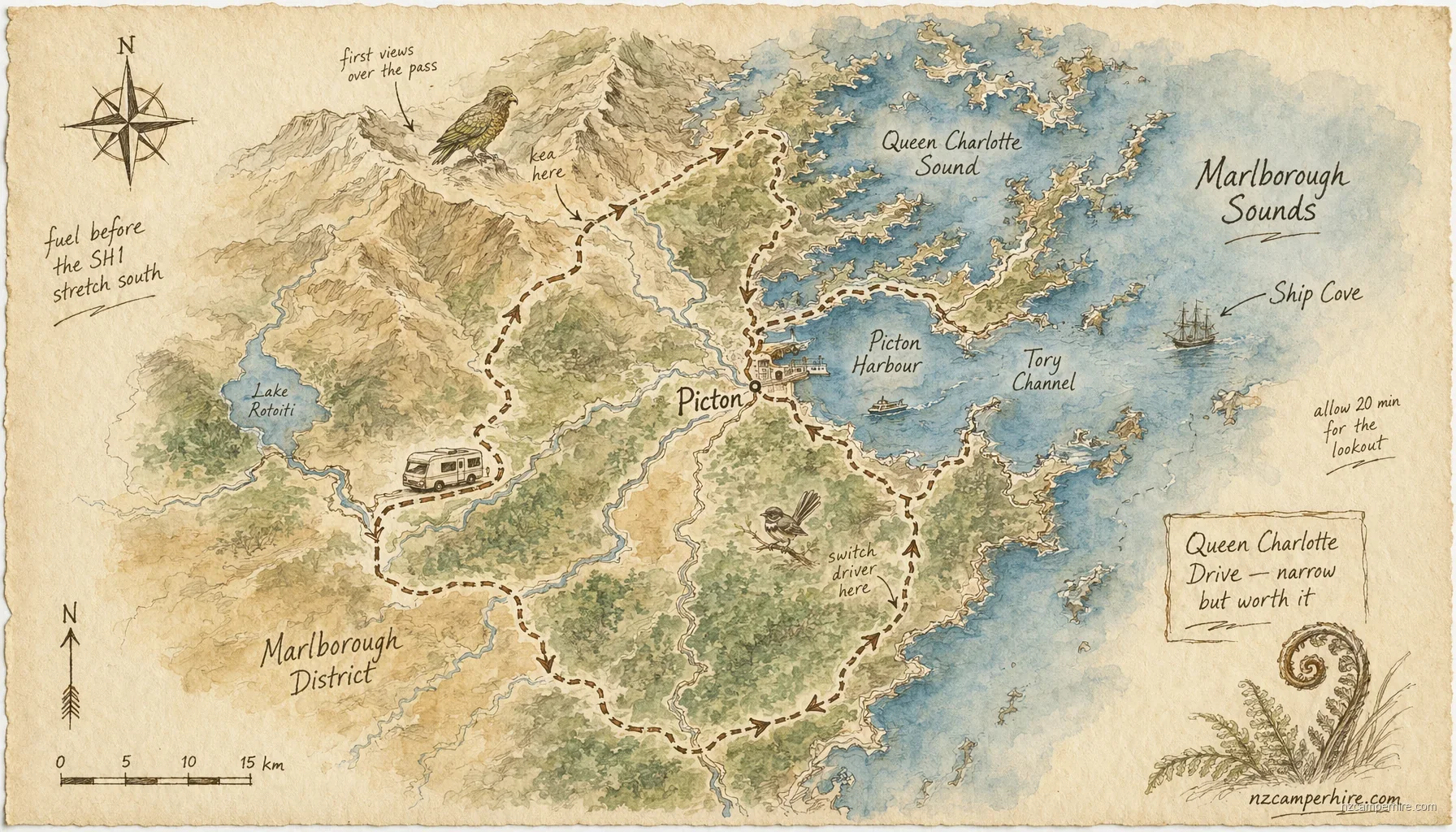 Hand-drawn map of Picton on South Island, NZ