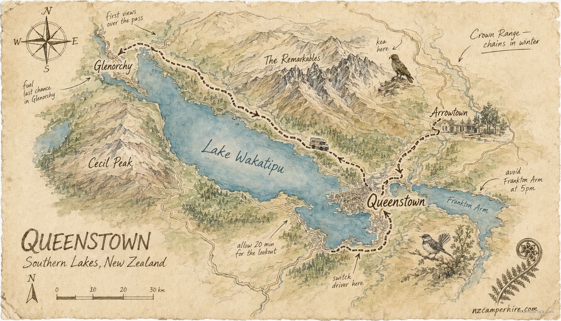 Hand-drawn map of Queenstown on South Island, NZ