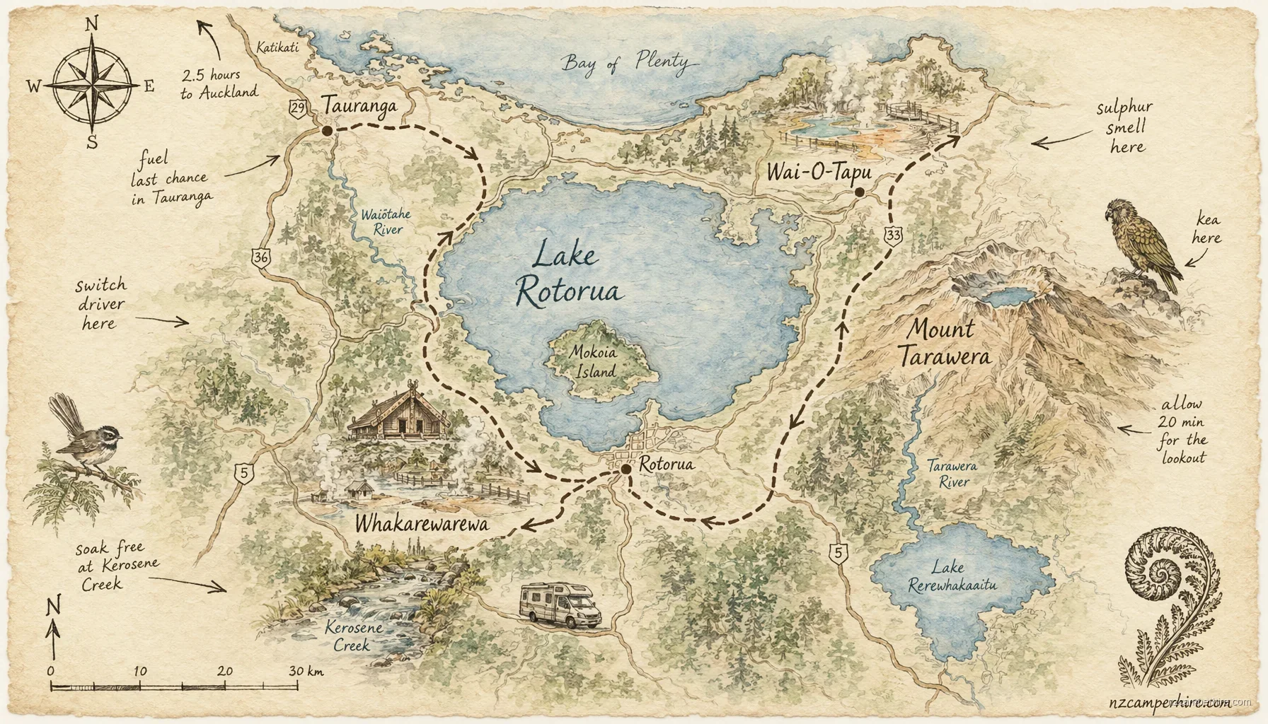 Hand-drawn map of Rotorua on North Island, NZ