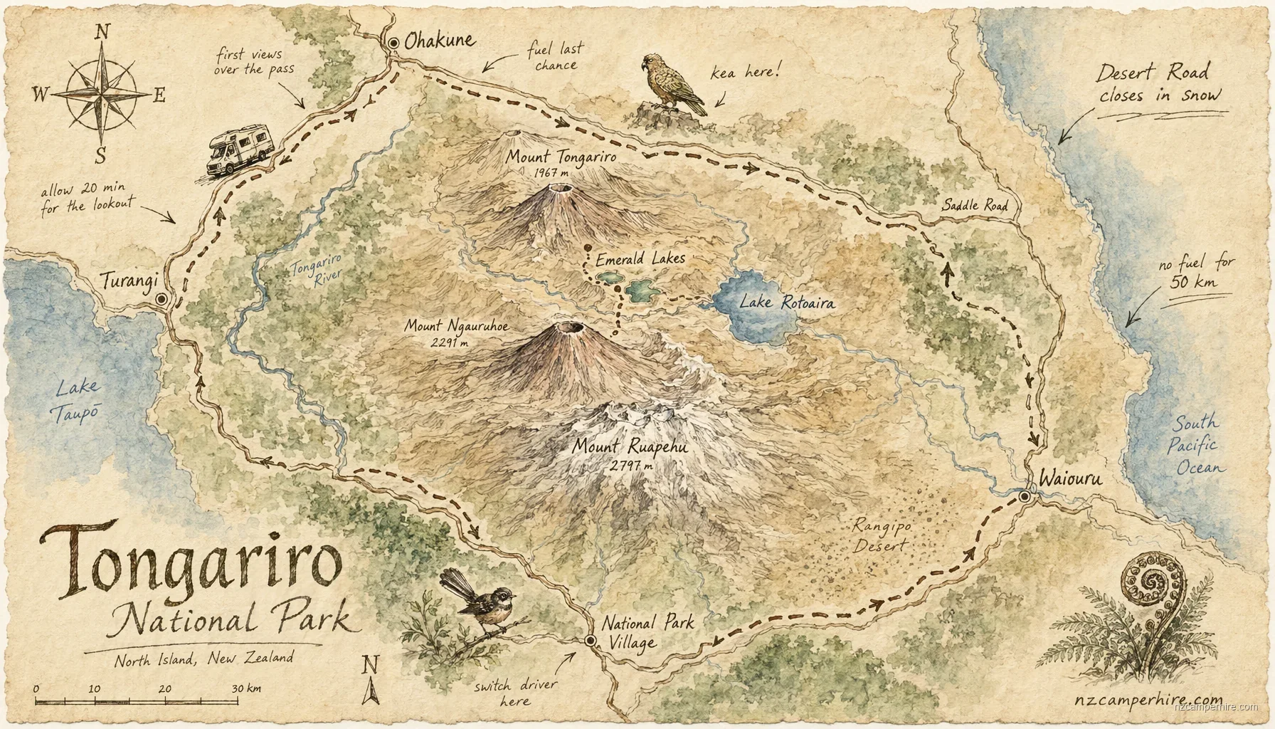 Hand-drawn map of Tongariro National Park on North Island, NZ