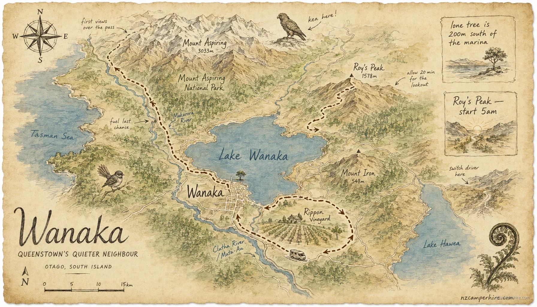 Hand-drawn map of Wanaka on South Island, NZ