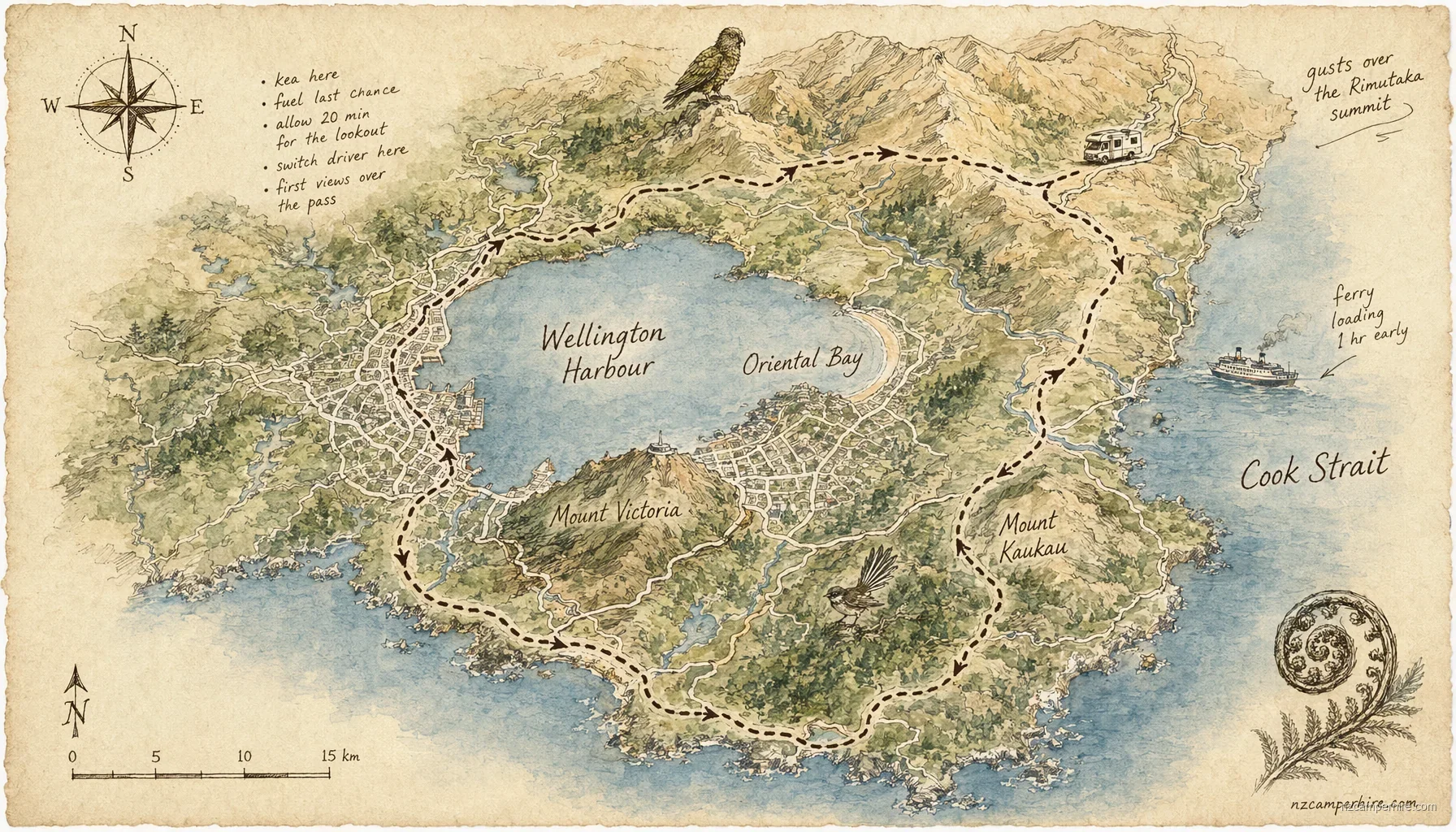 Hand-drawn map of Wellington on North Island, NZ