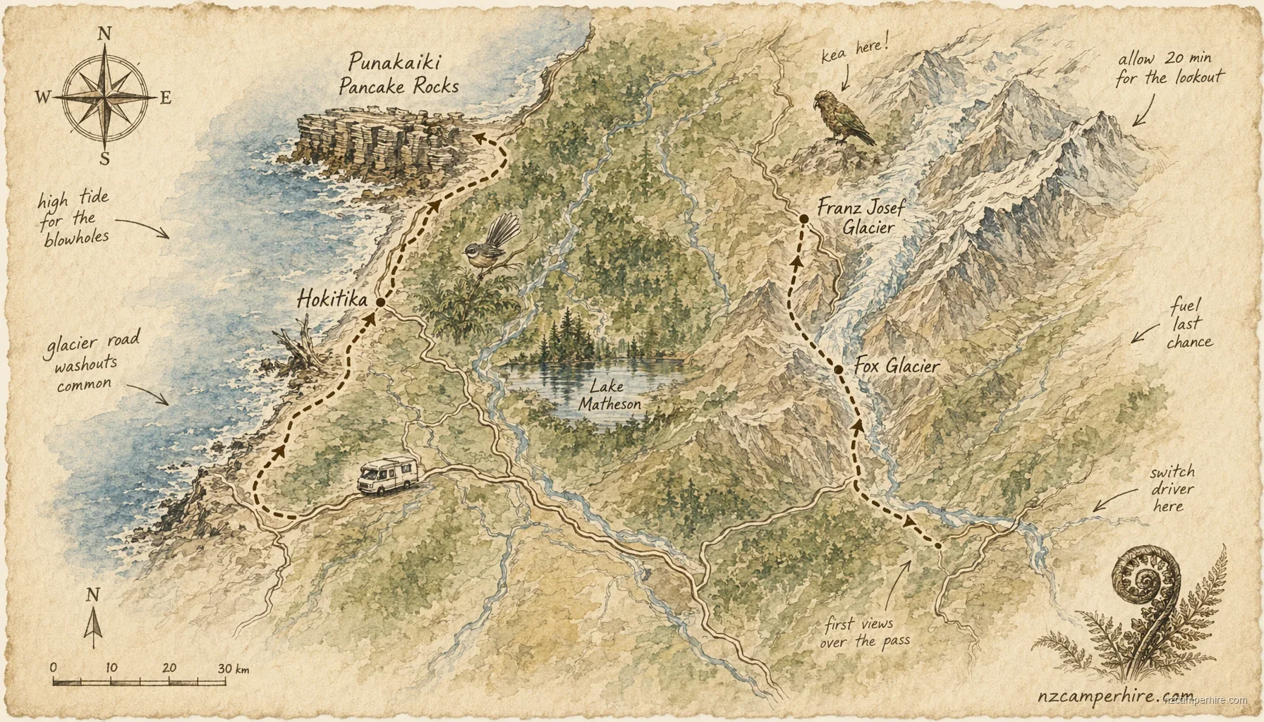 Hand-drawn map of West Coast on South Island, NZ