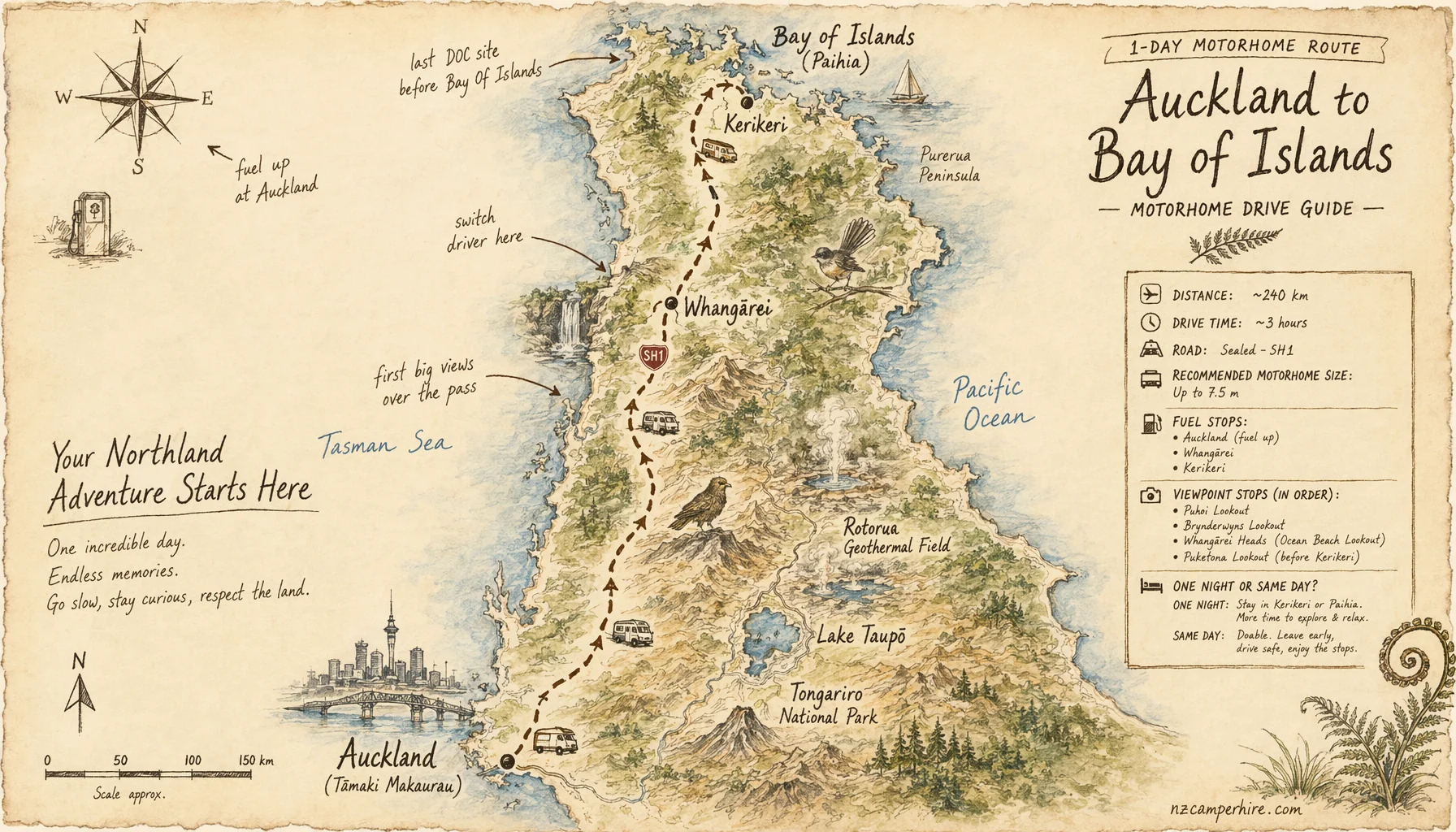 Hand-drawn map of the Auckland to Bay of Islands — motorhome drive guide route from Auckland to Bay Of Islands