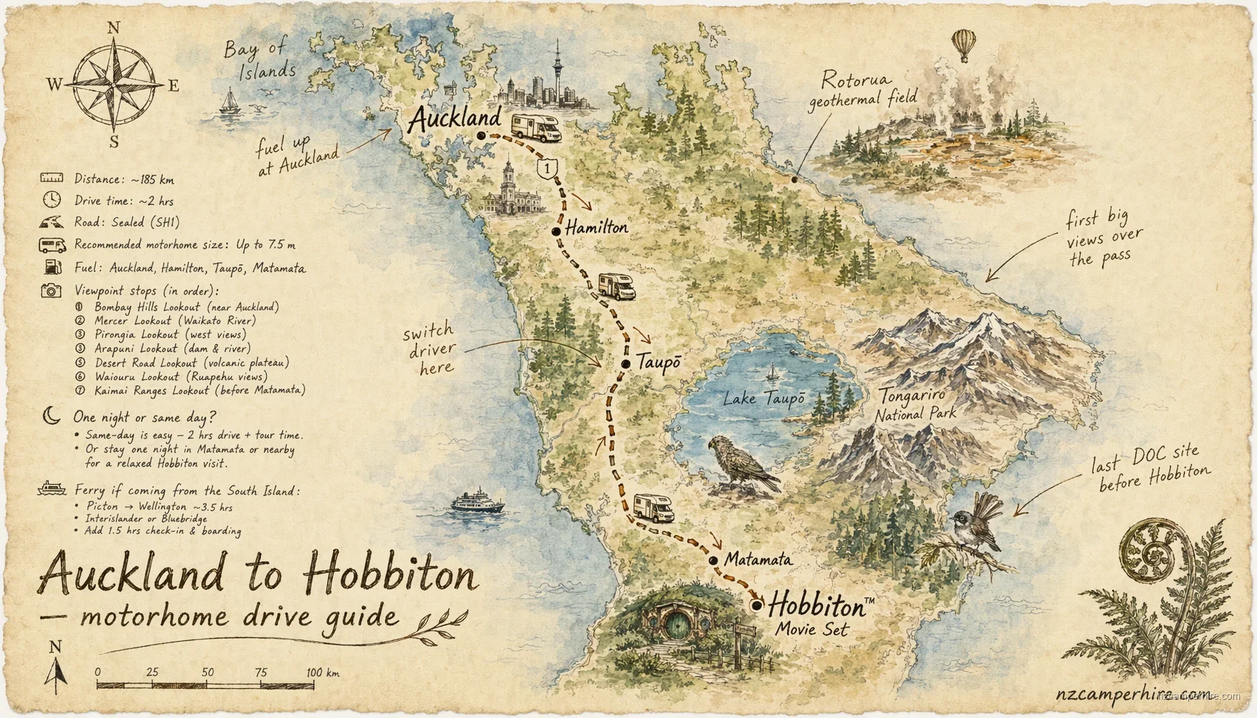 Hand-drawn map of the Auckland to Hobbiton — motorhome drive guide route from Auckland to Hobbiton