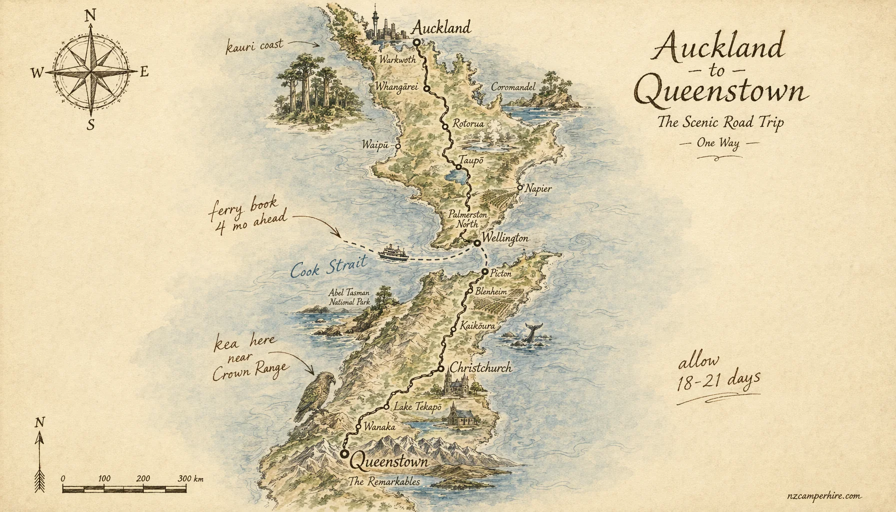 Hand-drawn map of the Auckland to Queenstown one-way route from Auckland to Queenstown