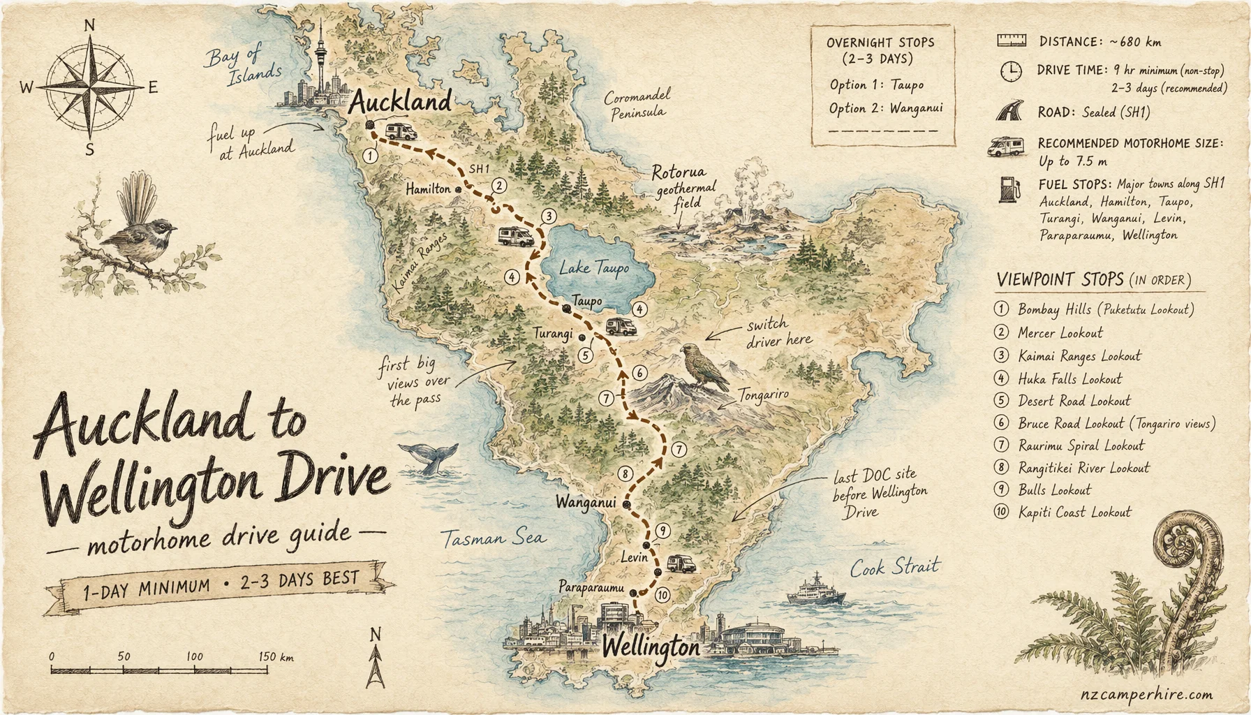 Hand-drawn map of the Auckland to Wellington drive — motorhome drive guide route from Auckland to Wellington Drive