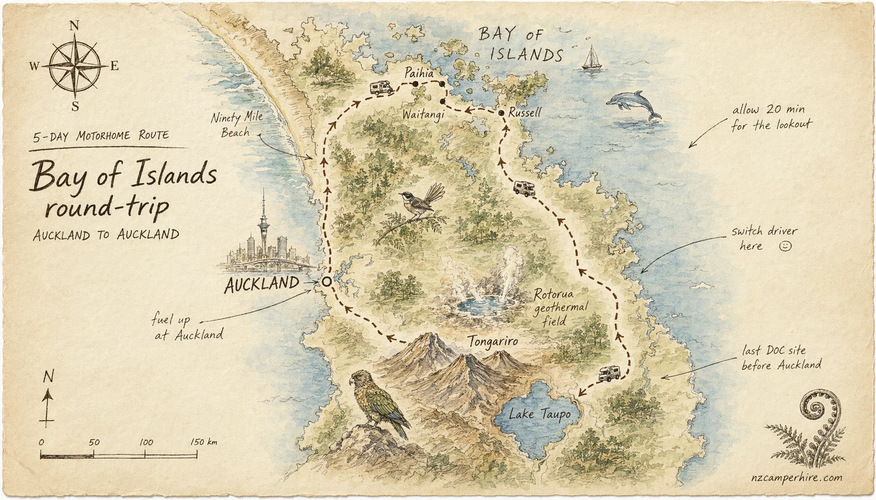 Hand-drawn map of the Bay of Islands round-trip route from Auckland to Auckland