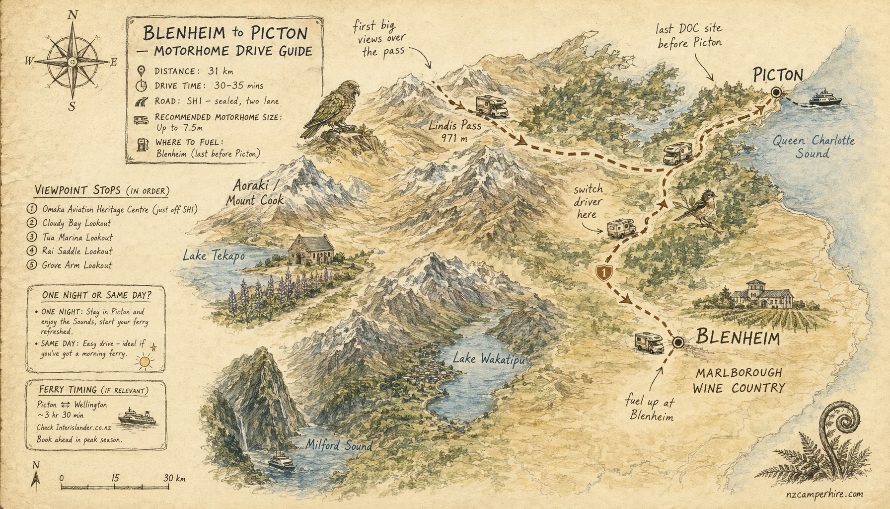 Hand-drawn map of the Blenheim to Picton — motorhome drive guide route from Blenheim to Picton