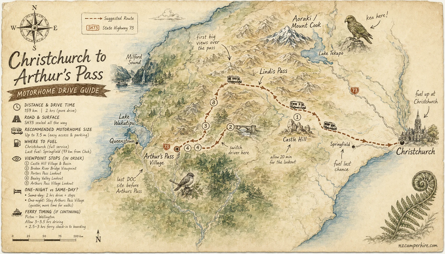 Hand-drawn map of the Christchurch to Arthur's Pass — motorhome drive guide route from Christchurch to Arthurs Pass