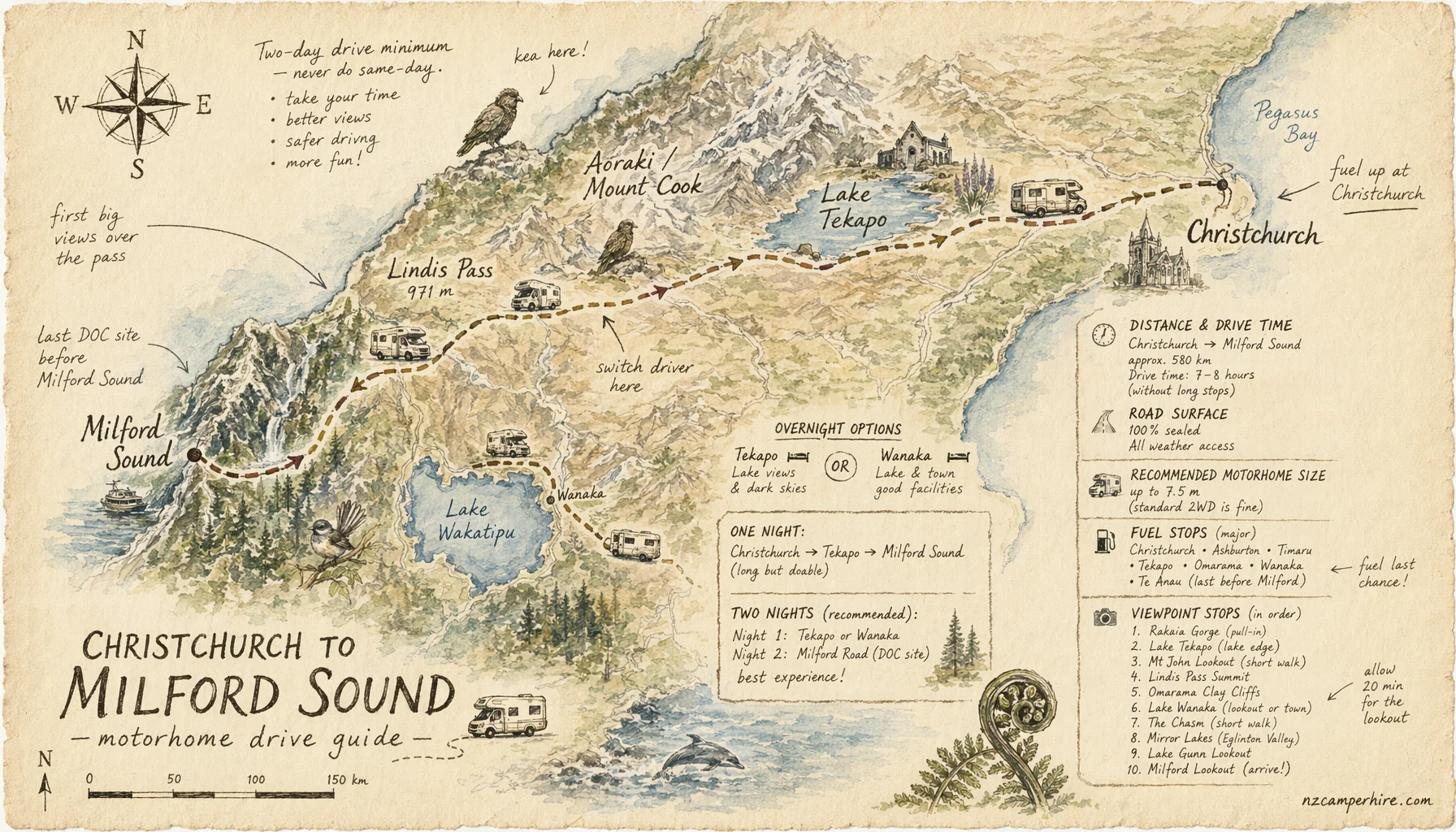 Hand-drawn map of the Christchurch to Milford Sound — motorhome drive guide route from Christchurch to Milford Sound