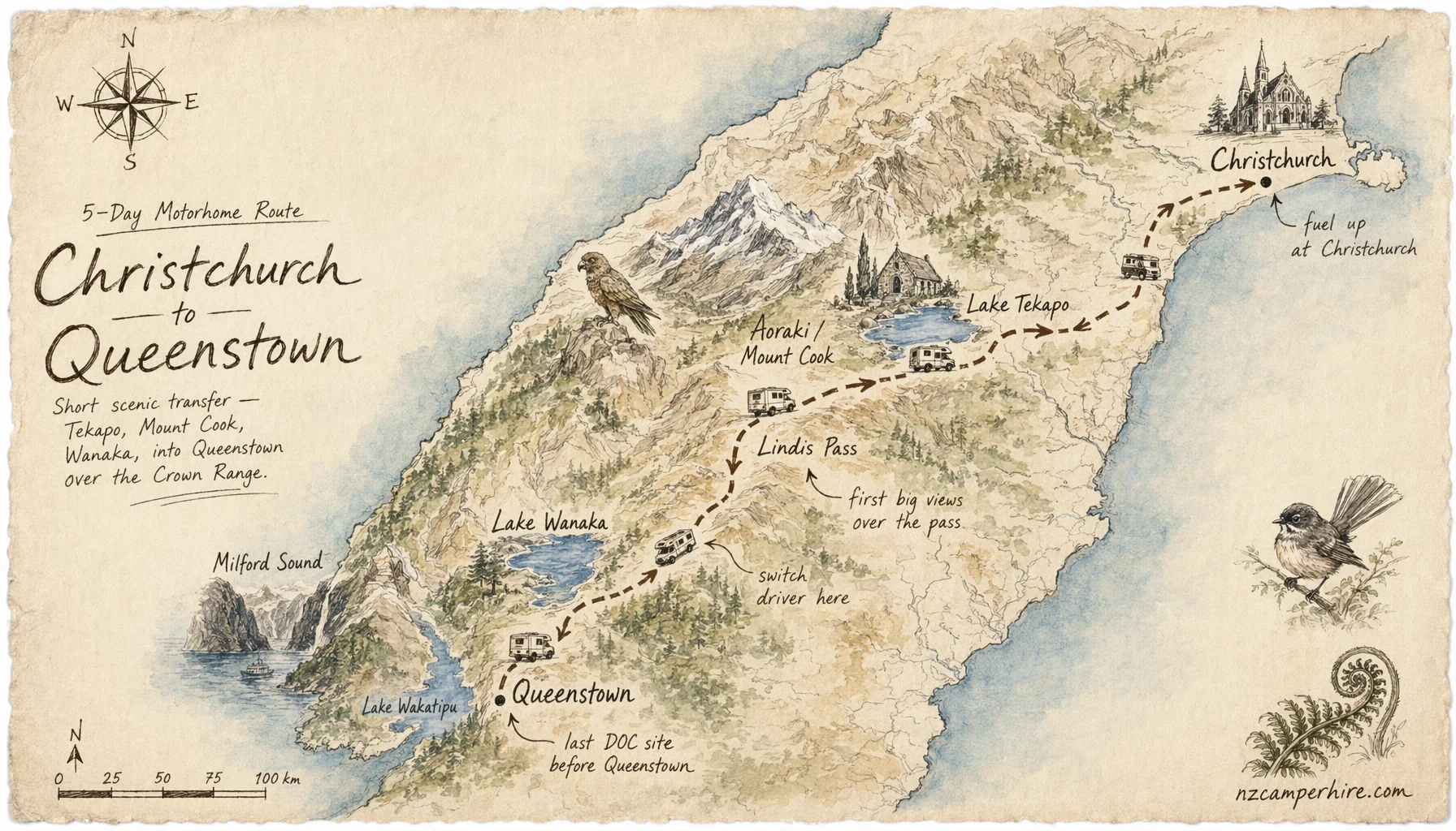 Hand-drawn map of the Christchurch to Queenstown route from Christchurch to Queenstown