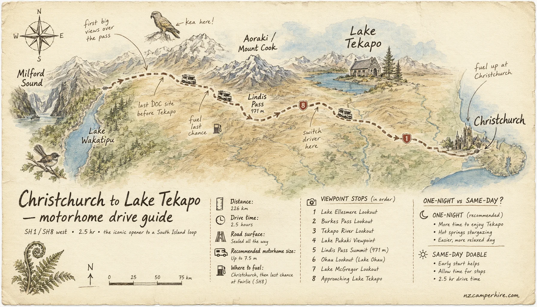 Hand-drawn map of the Christchurch to Lake Tekapo — motorhome drive guide route from Christchurch to Tekapo