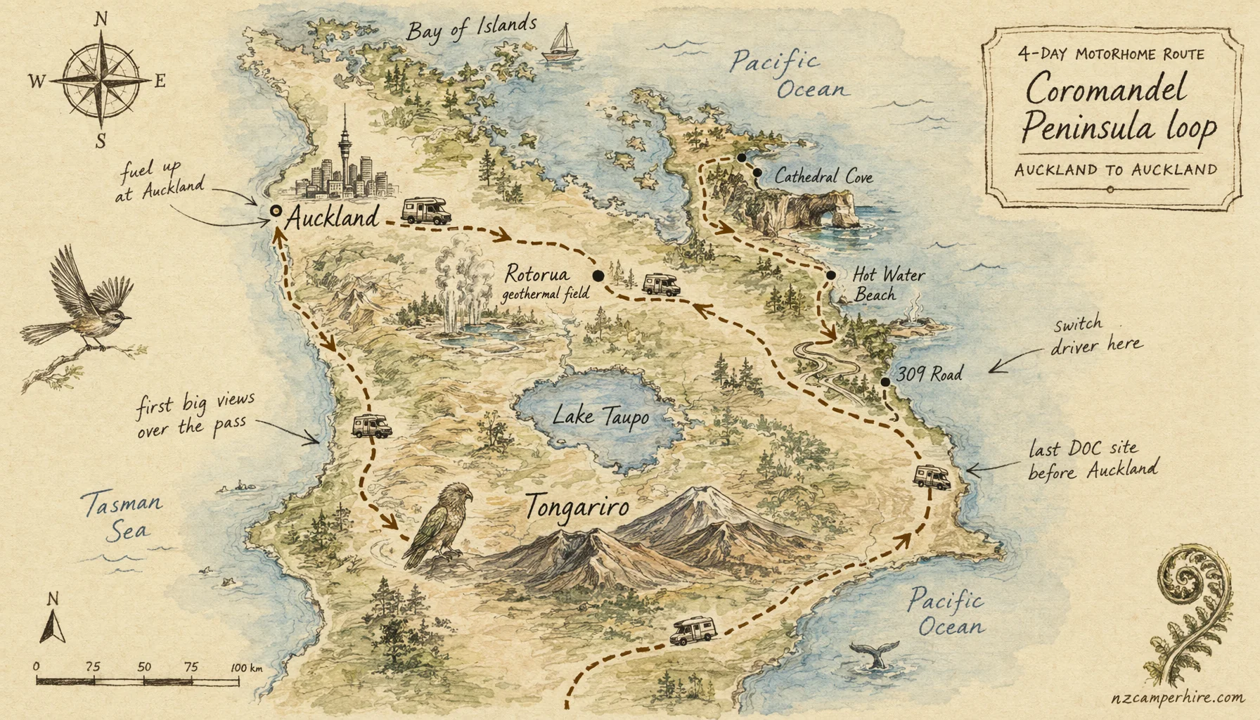 Hand-drawn map of the Coromandel Peninsula loop route from Auckland to Auckland