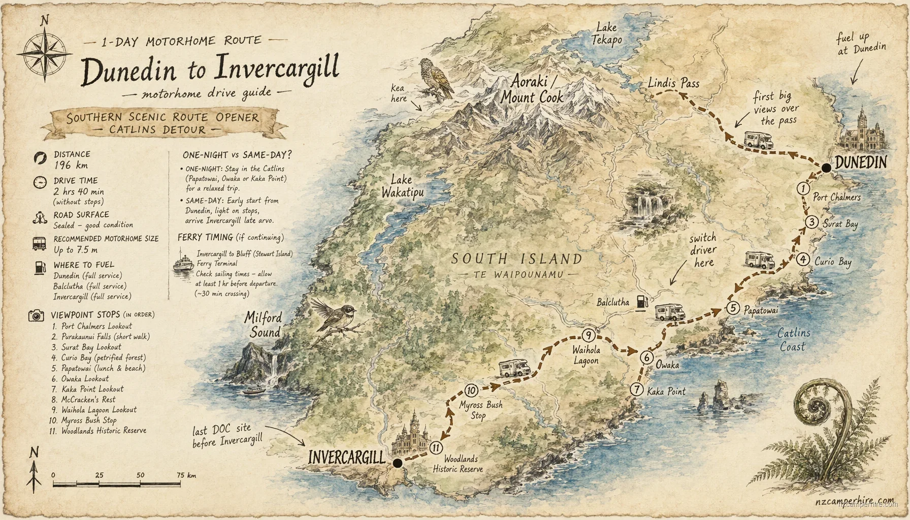 Hand-drawn map of the Dunedin to Invercargill — motorhome drive guide route from Dunedin to Invercargill