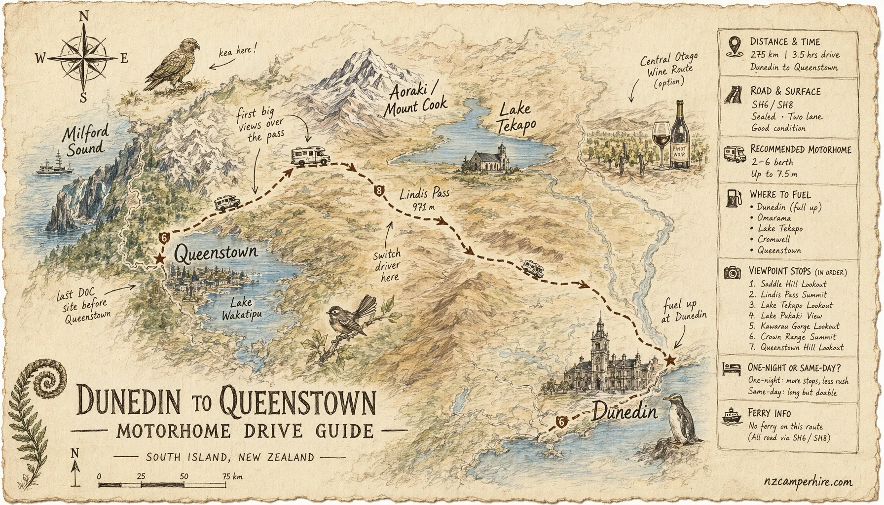 Hand-drawn map of the Dunedin to Queenstown — motorhome drive guide route from Dunedin to Queenstown