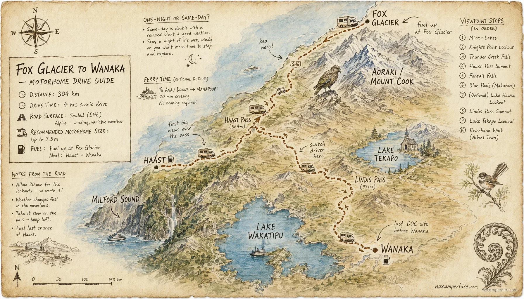 Hand-drawn map of the Fox Glacier to Wanaka — motorhome drive guide route from Fox Glacier to Wanaka