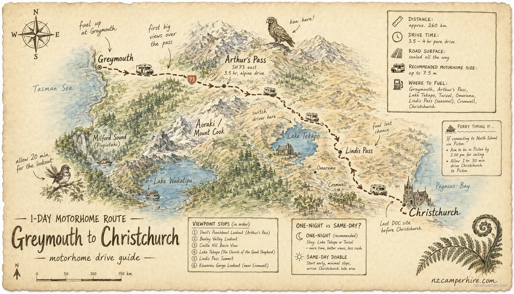 Hand-drawn map of the Greymouth to Christchurch — motorhome drive guide route from Greymouth to Christchurch