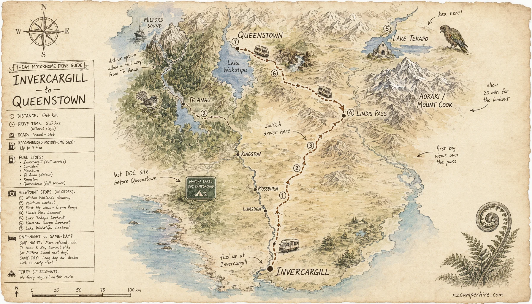 Hand-drawn map of the Invercargill to Queenstown — motorhome drive guide route from Invercargill to Queenstown