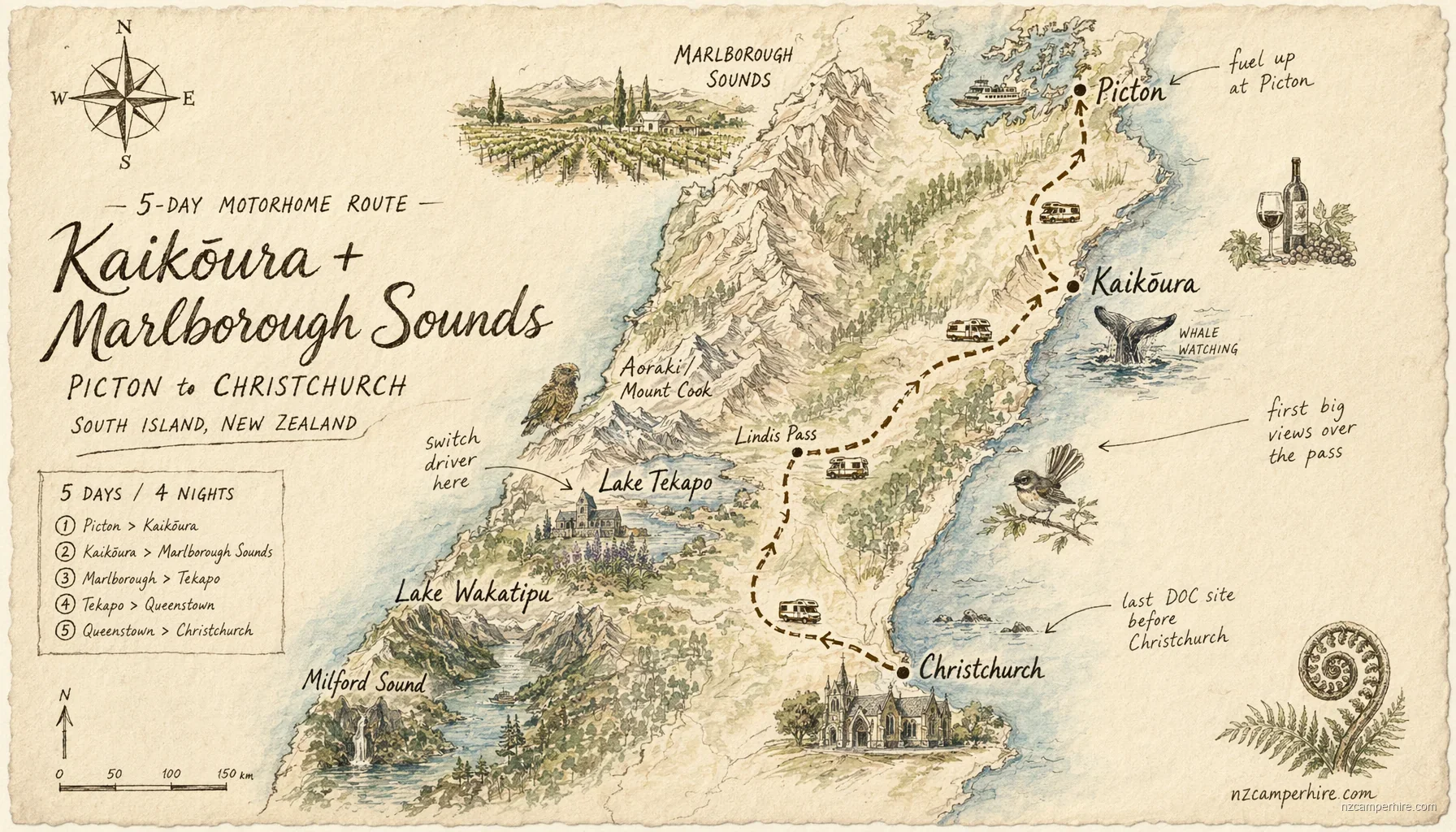 Hand-drawn map of the Kaikoura + Marlborough Sounds route from Picton to Christchurch