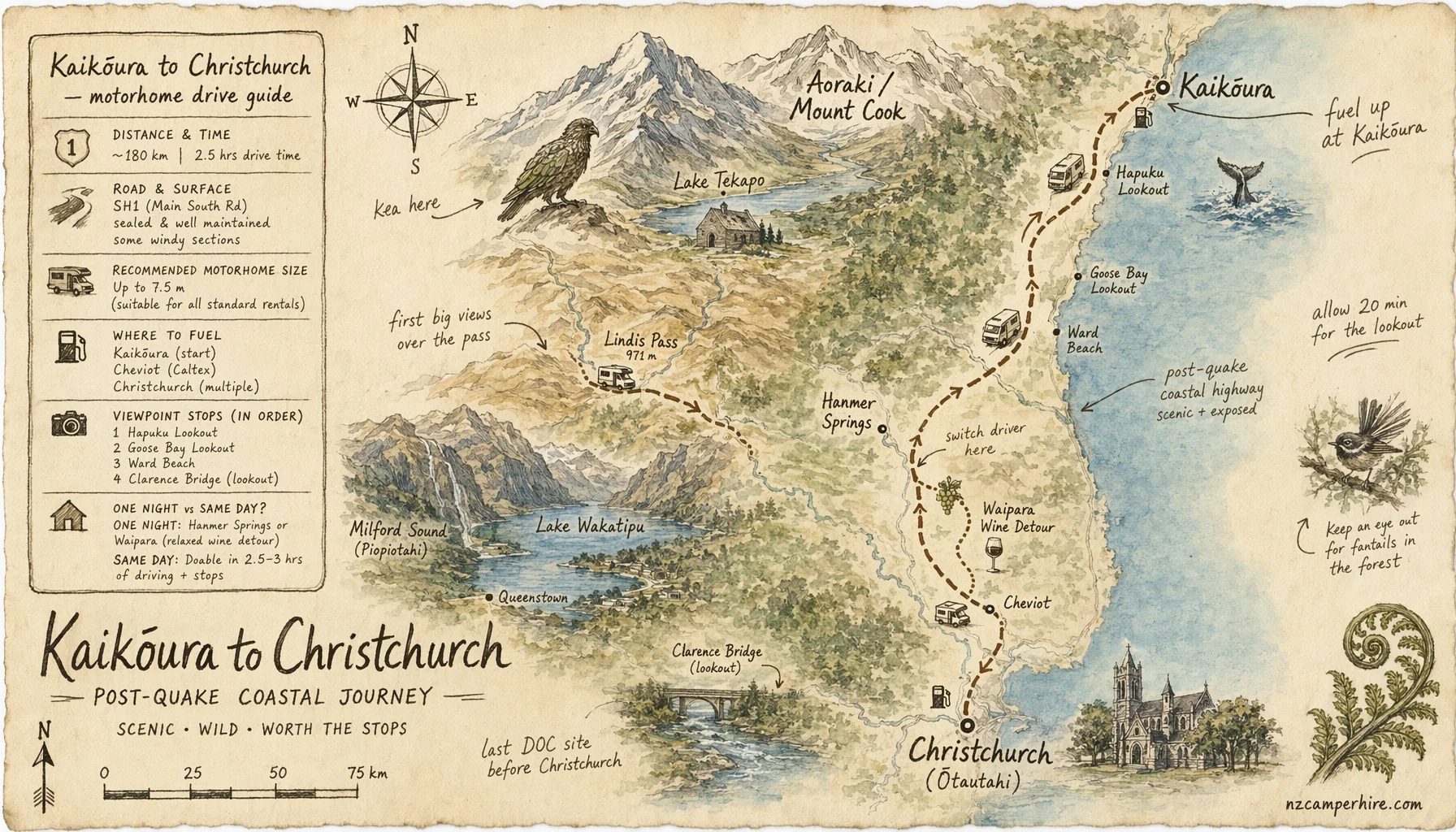 Hand-drawn map of the Kaikoura to Christchurch — motorhome drive guide route from Kaikoura to Christchurch