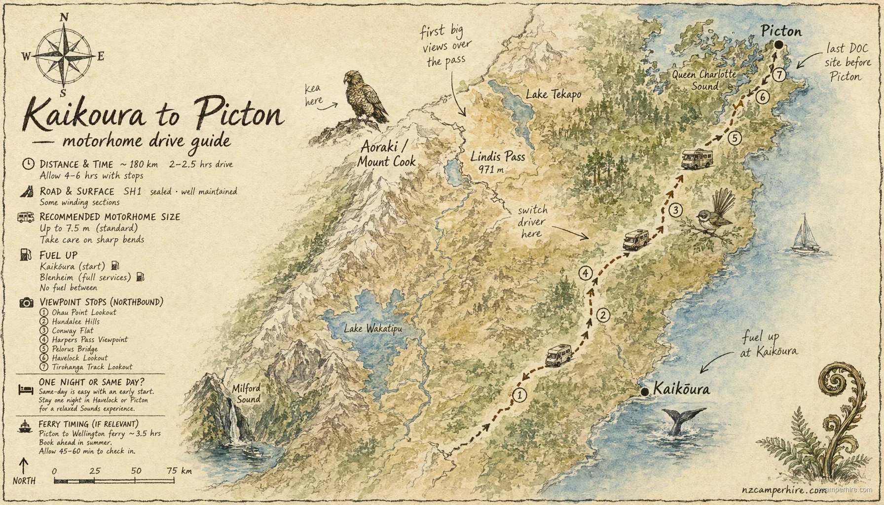 Hand-drawn map of the Kaikoura to Picton — motorhome drive guide route from Kaikoura to Picton