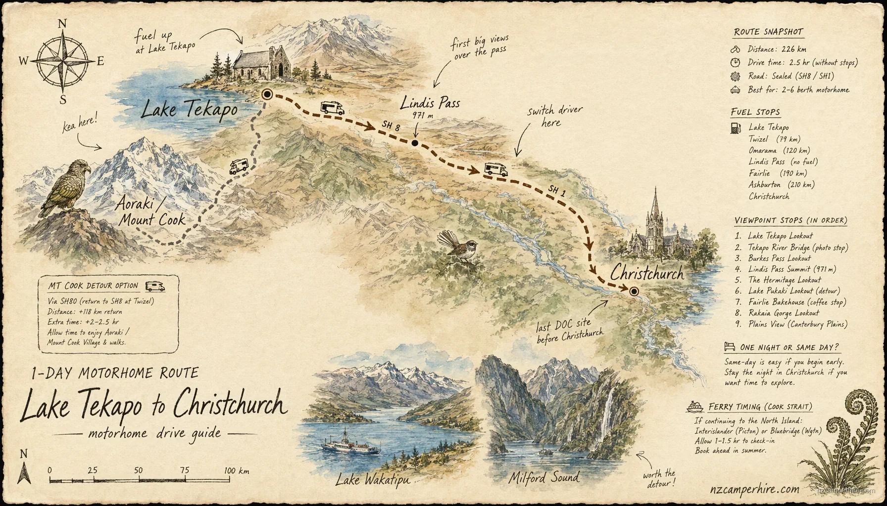 Hand-drawn map of the Lake Tekapo to Christchurch — motorhome drive guide route from Lake Tekapo to Christchurch