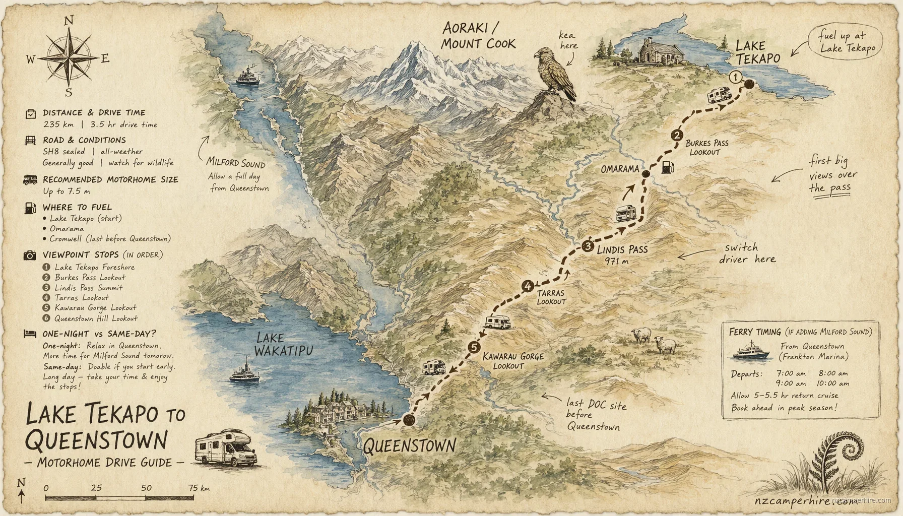 Hand-drawn map of the Lake Tekapo to Queenstown — motorhome drive guide route from Lake Tekapo to Queenstown