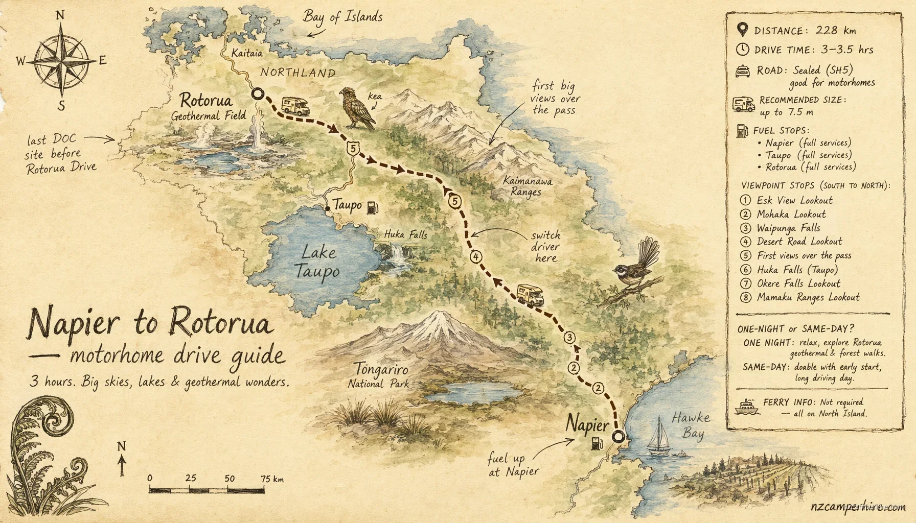 Hand-drawn map of the Napier to Rotorua — motorhome drive guide route from Napier to Rotorua Drive