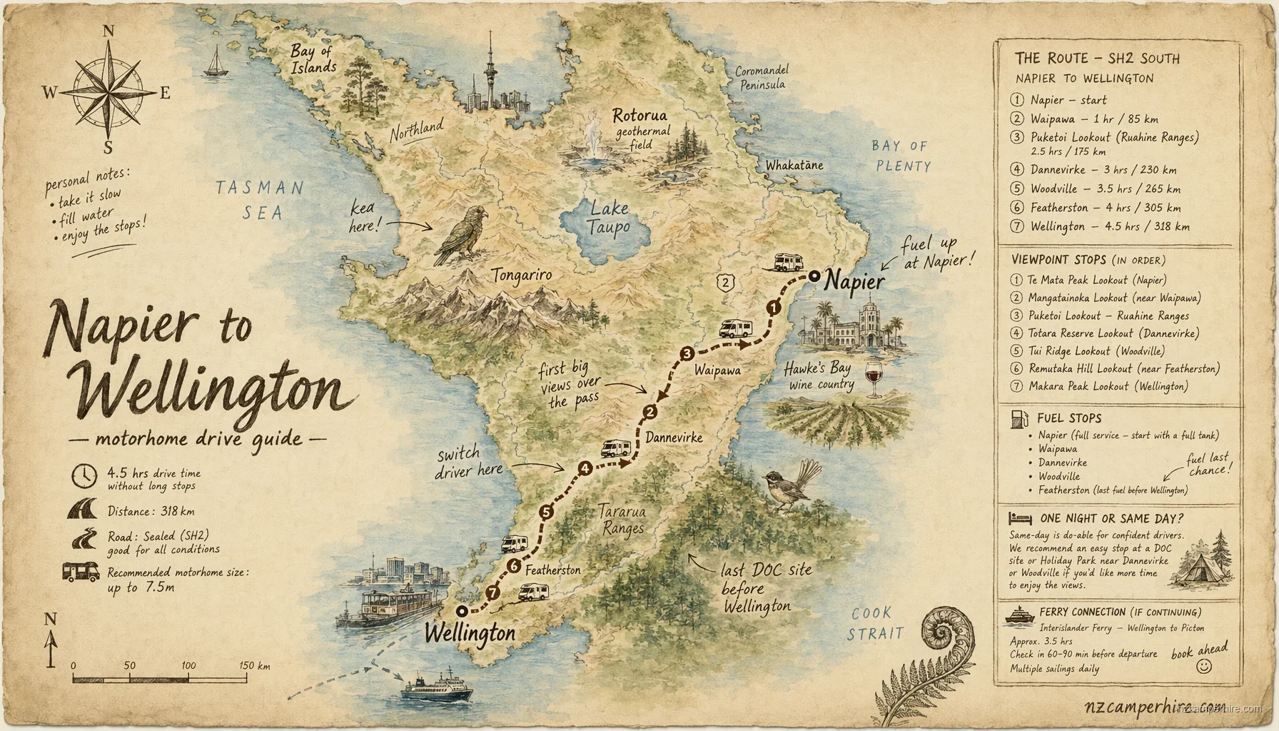 Hand-drawn map of the Napier to Wellington — motorhome drive guide route from Napier to Wellington