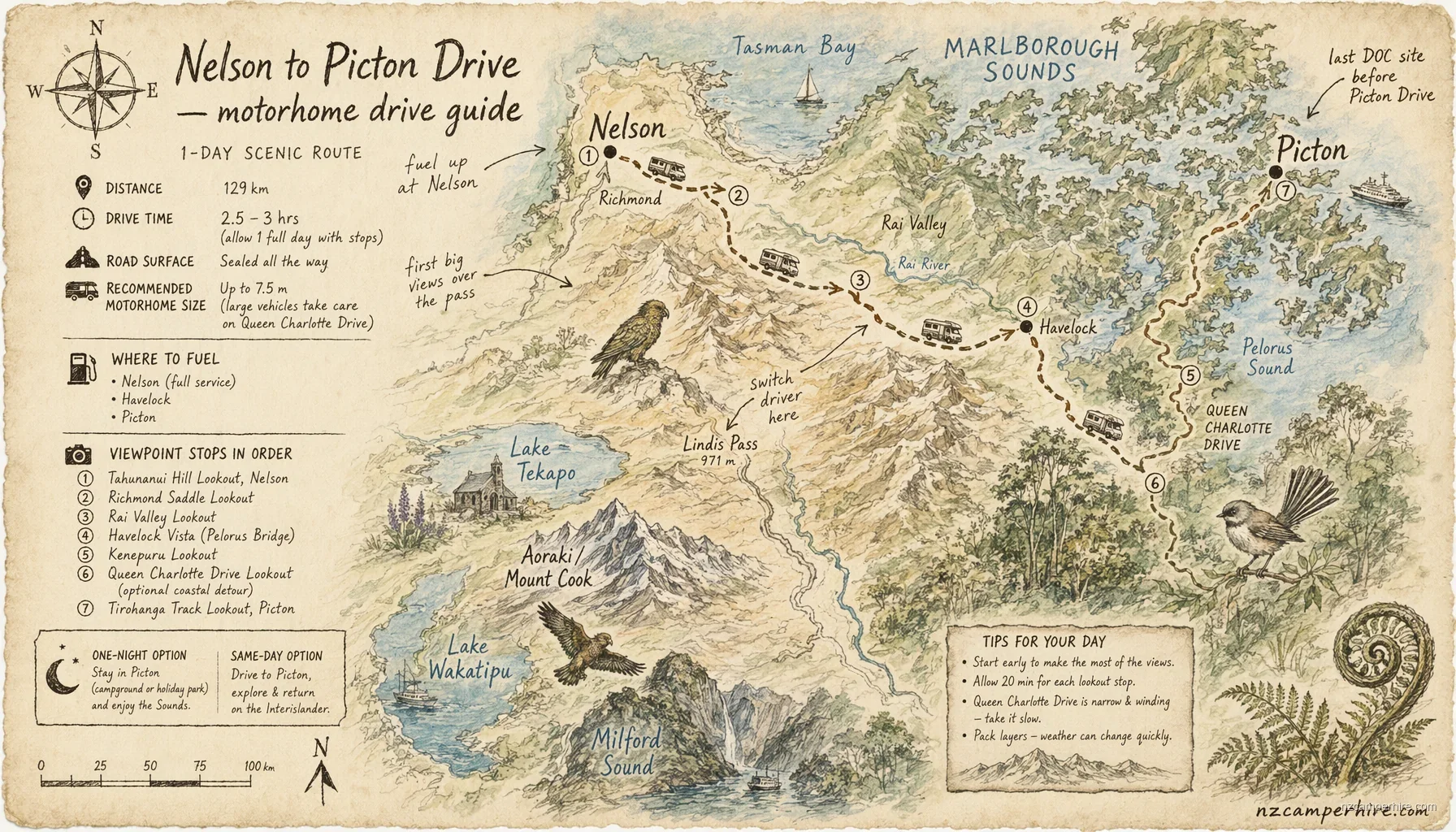 Hand-drawn map of the Nelson to Picton — motorhome drive guide route from Nelson to Picton Drive