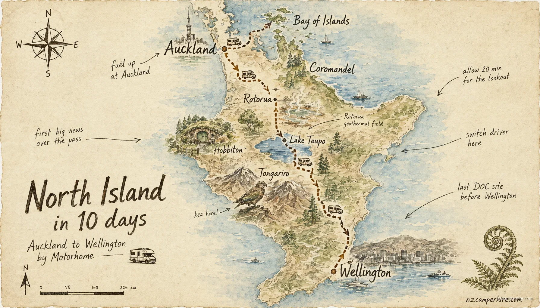 Hand-drawn map of the North Island in 10 days route from Auckland to Wellington