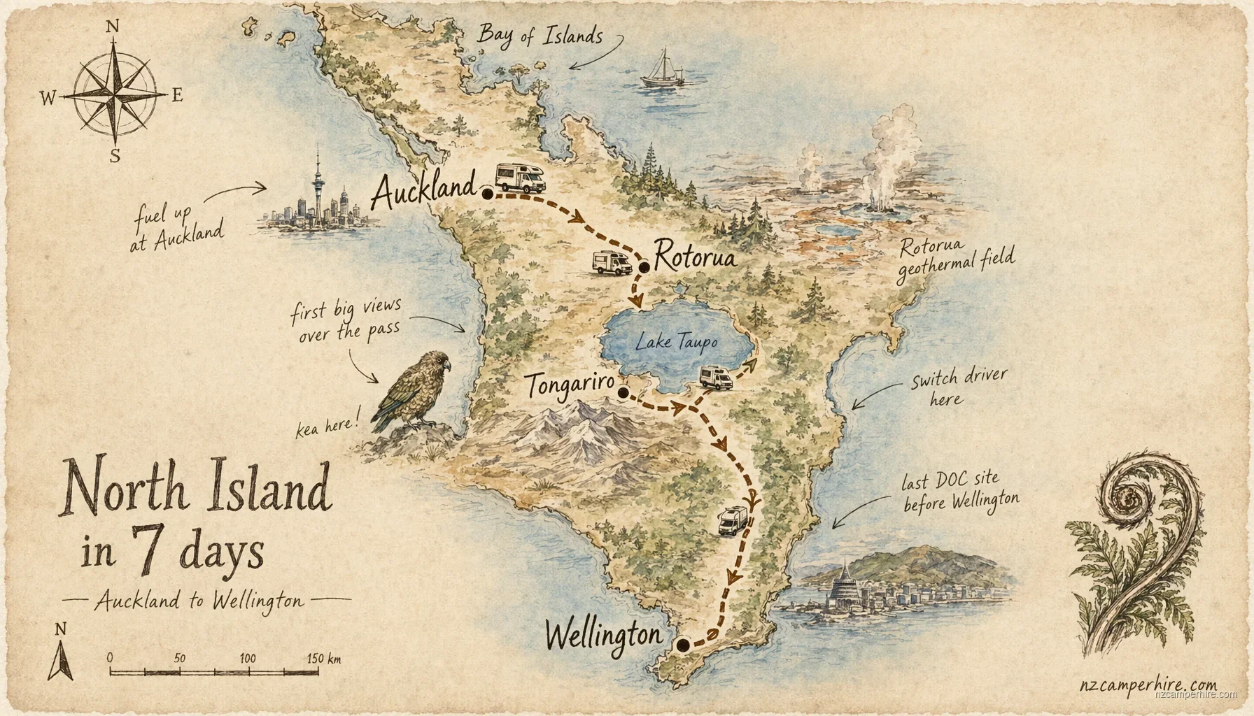 Hand-drawn map of the North Island in 7 days route from Auckland to Wellington