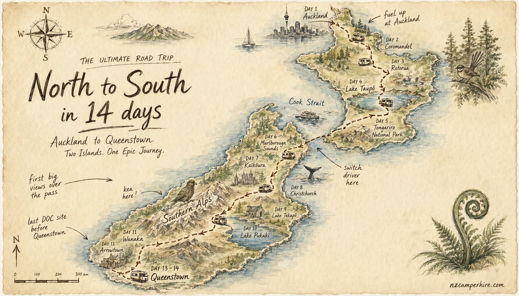 Hand-drawn map of the North to South in 14 days route from Auckland to Queenstown
