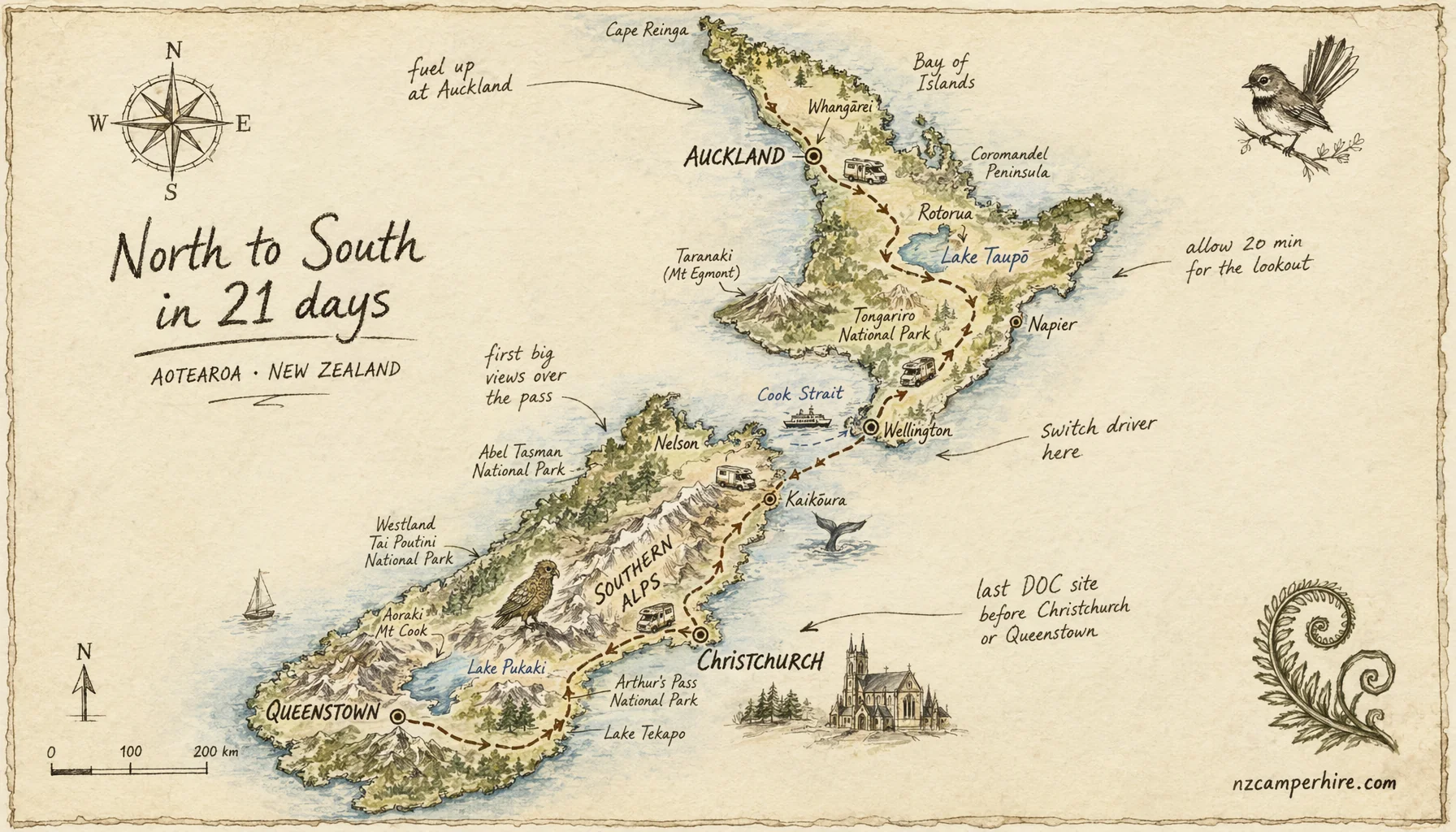 Hand-drawn map of the North to South in 21 days route from Auckland to Christchurch or Queenstown