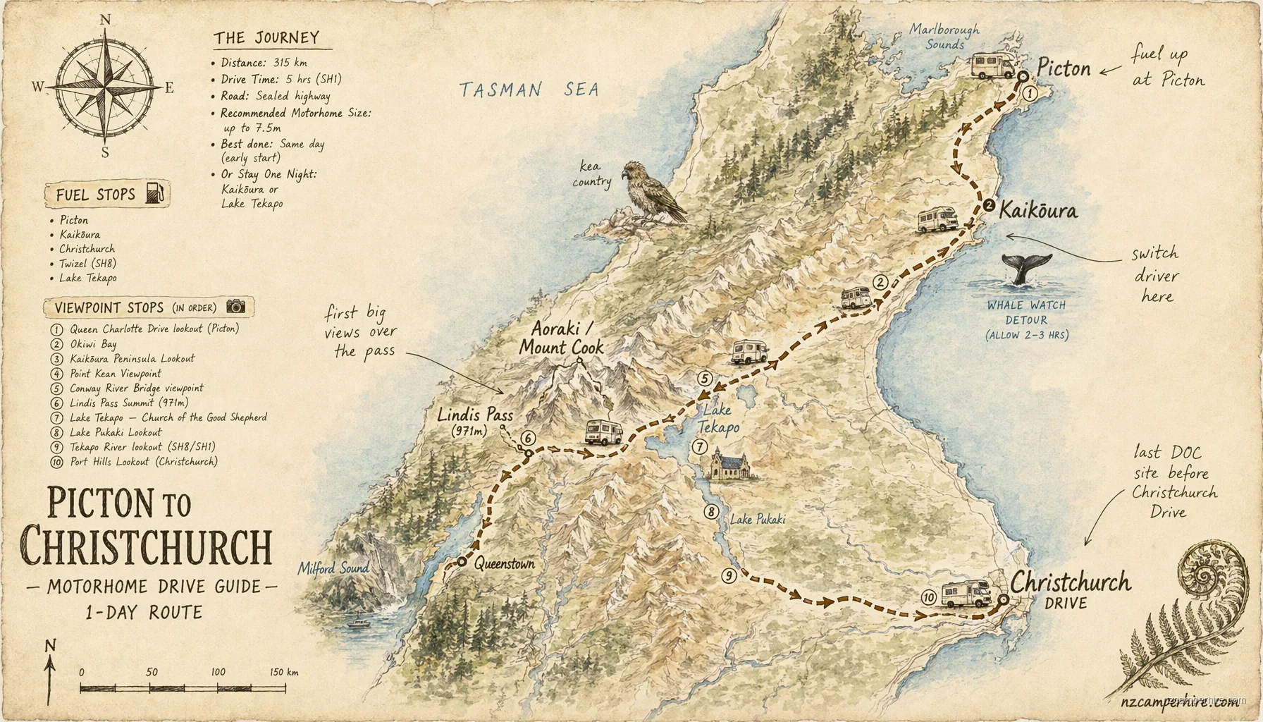 Hand-drawn map of the Picton to Christchurch — motorhome drive guide route from Picton to Christchurch Drive