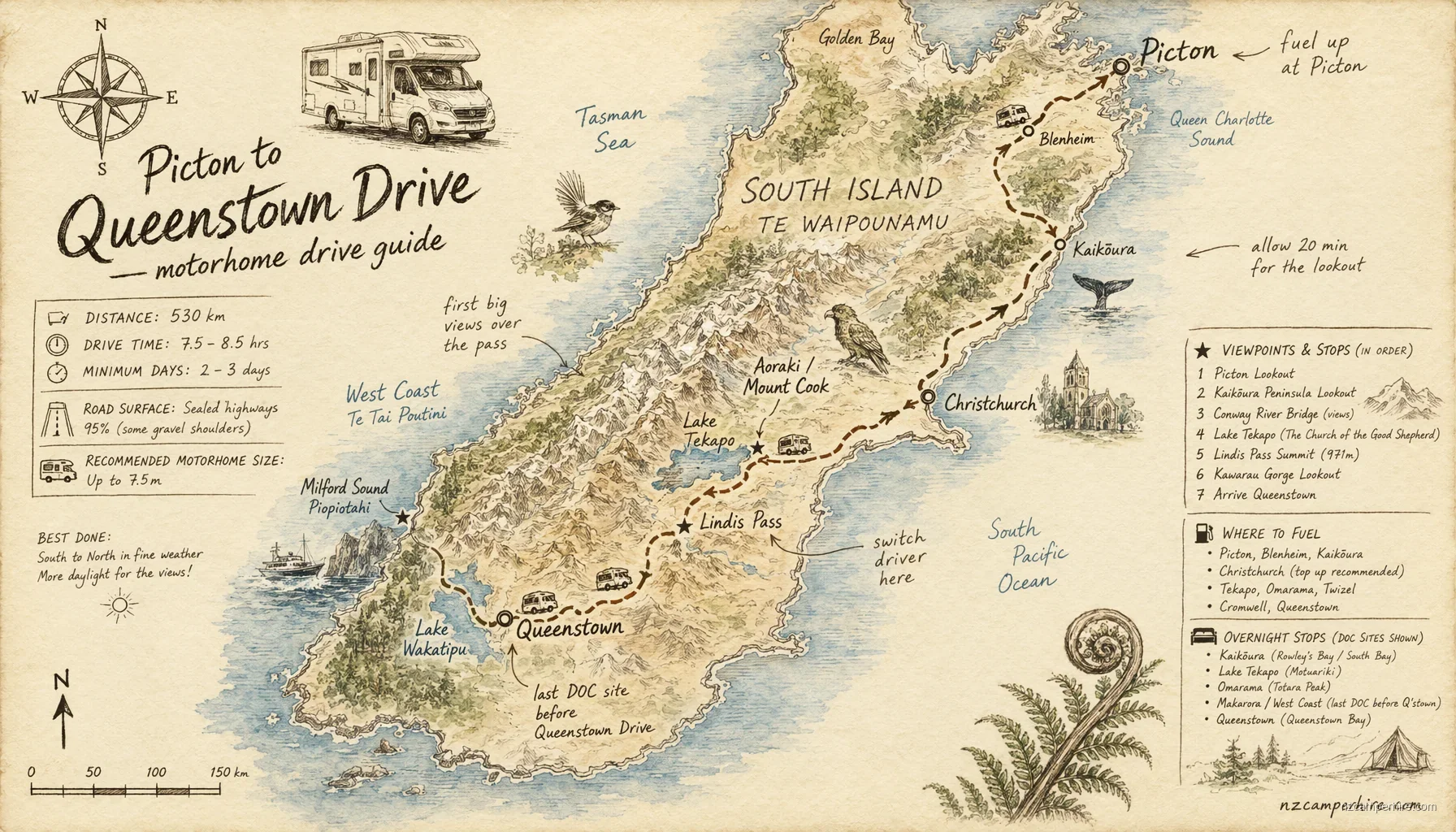 Hand-drawn map of the Picton to Queenstown — motorhome drive guide route from Picton to Queenstown Drive
