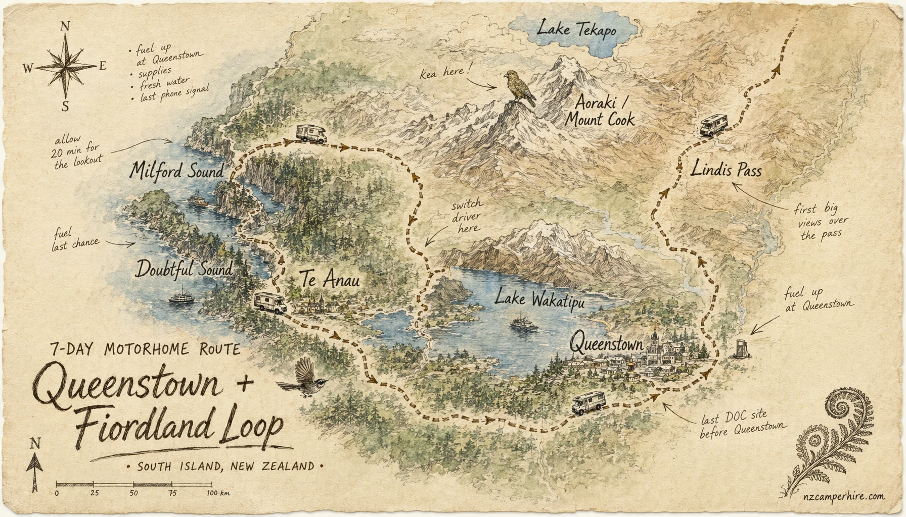 Hand-drawn map of the Queenstown + Fiordland loop route from Queenstown to Queenstown