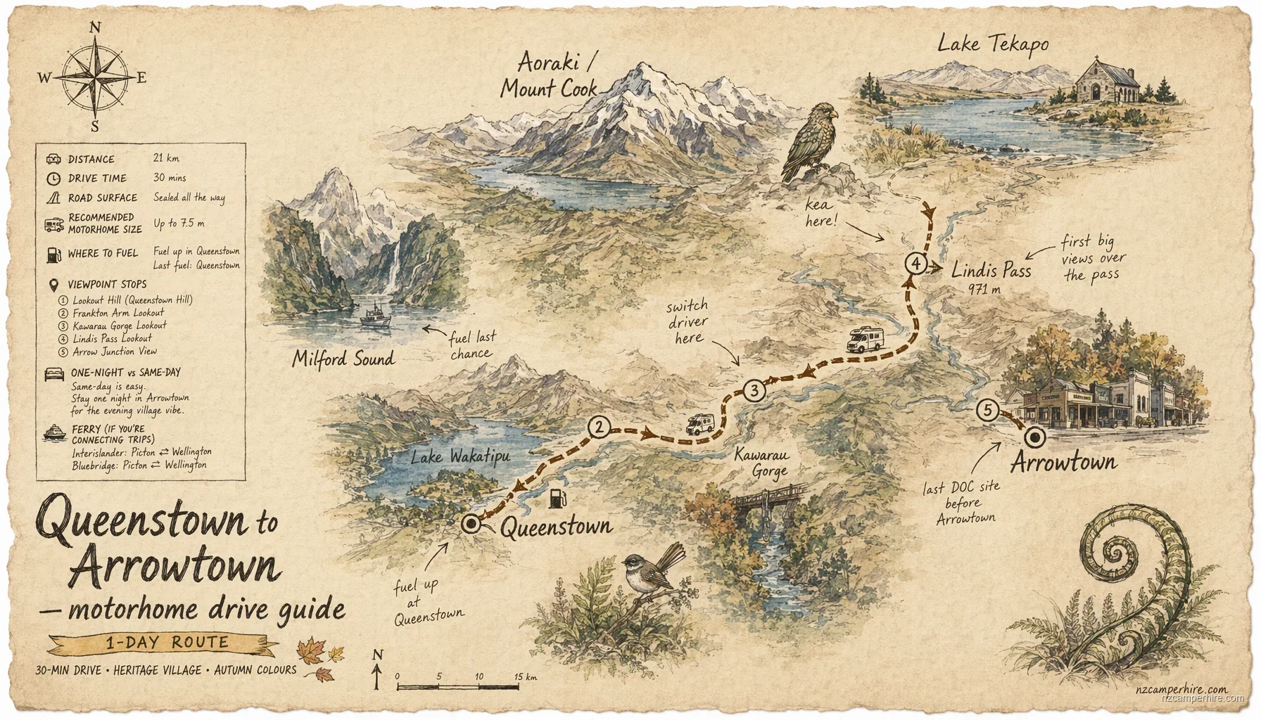 Hand-drawn map of the Queenstown to Arrowtown — motorhome drive guide route from Queenstown to Arrowtown