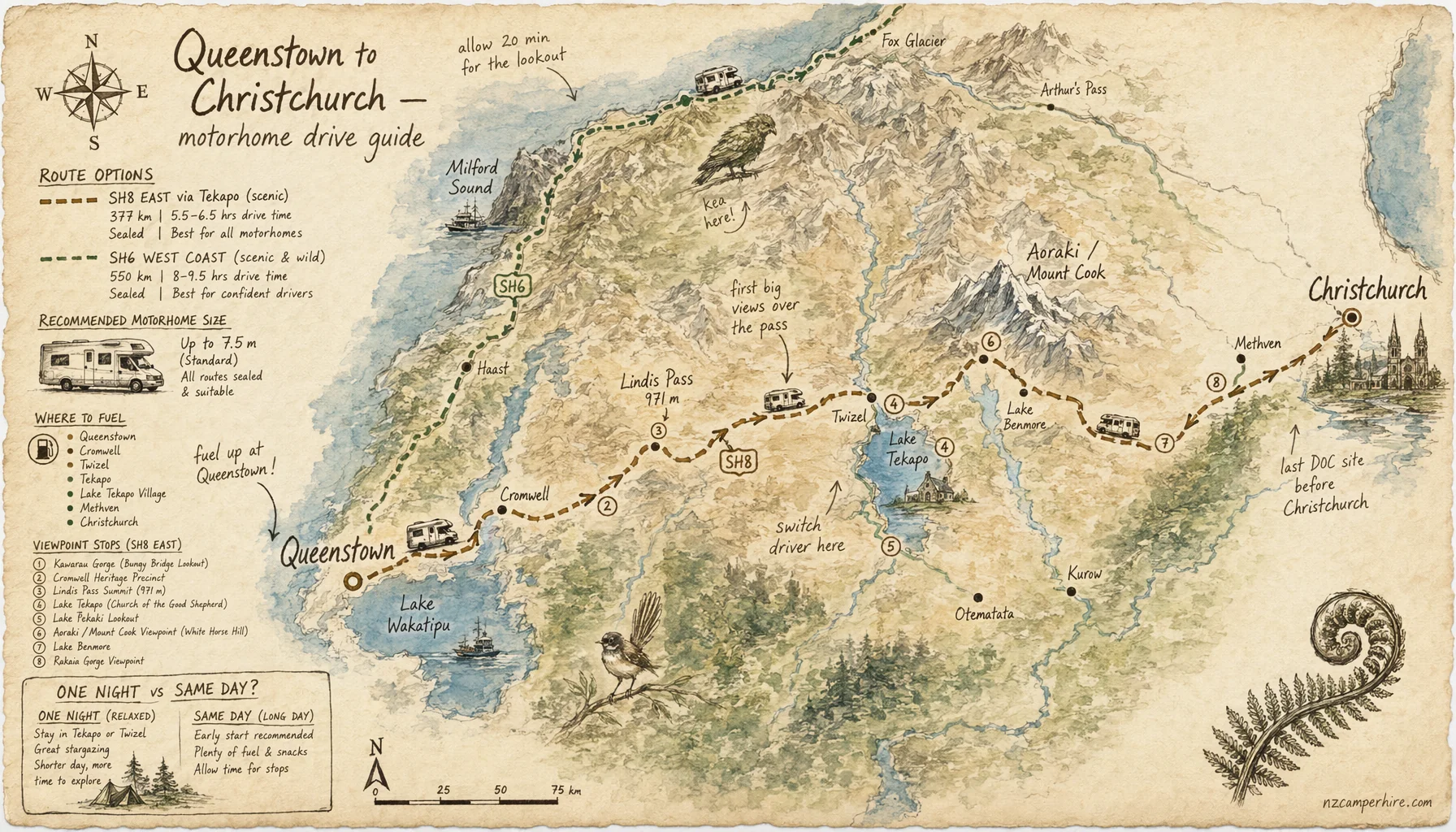 Hand-drawn map of the Queenstown to Christchurch — motorhome drive guide route from Queenstown to Christchurch