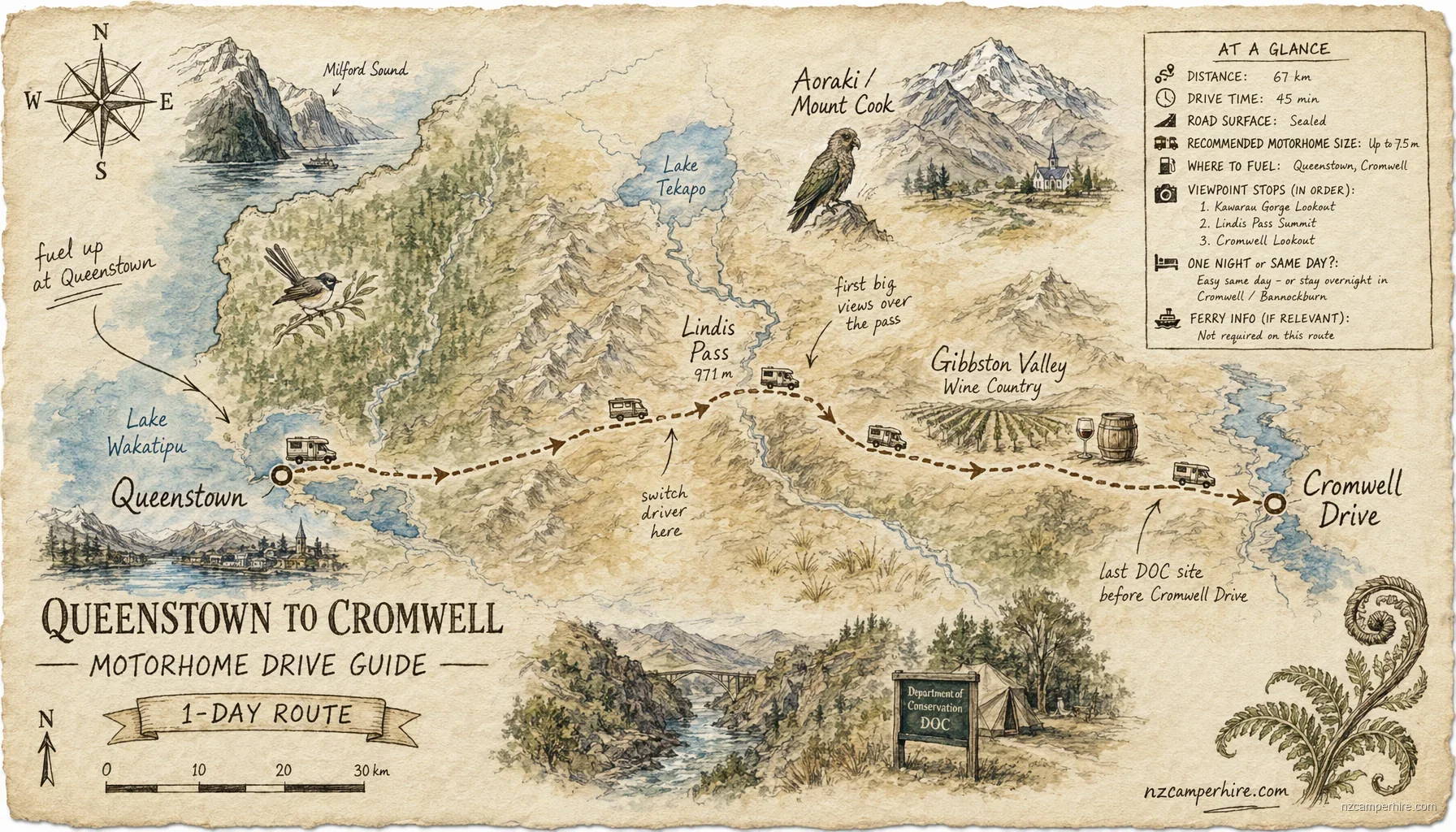 Hand-drawn map of the Queenstown to Cromwell — motorhome drive guide route from Queenstown to Cromwell Drive